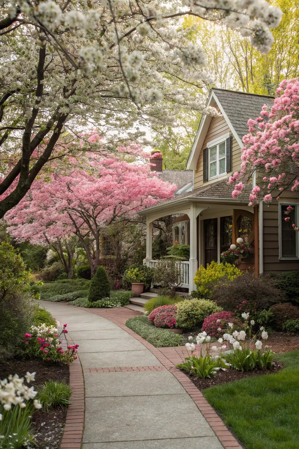 Flowering trees create a magical, welcoming entrance.