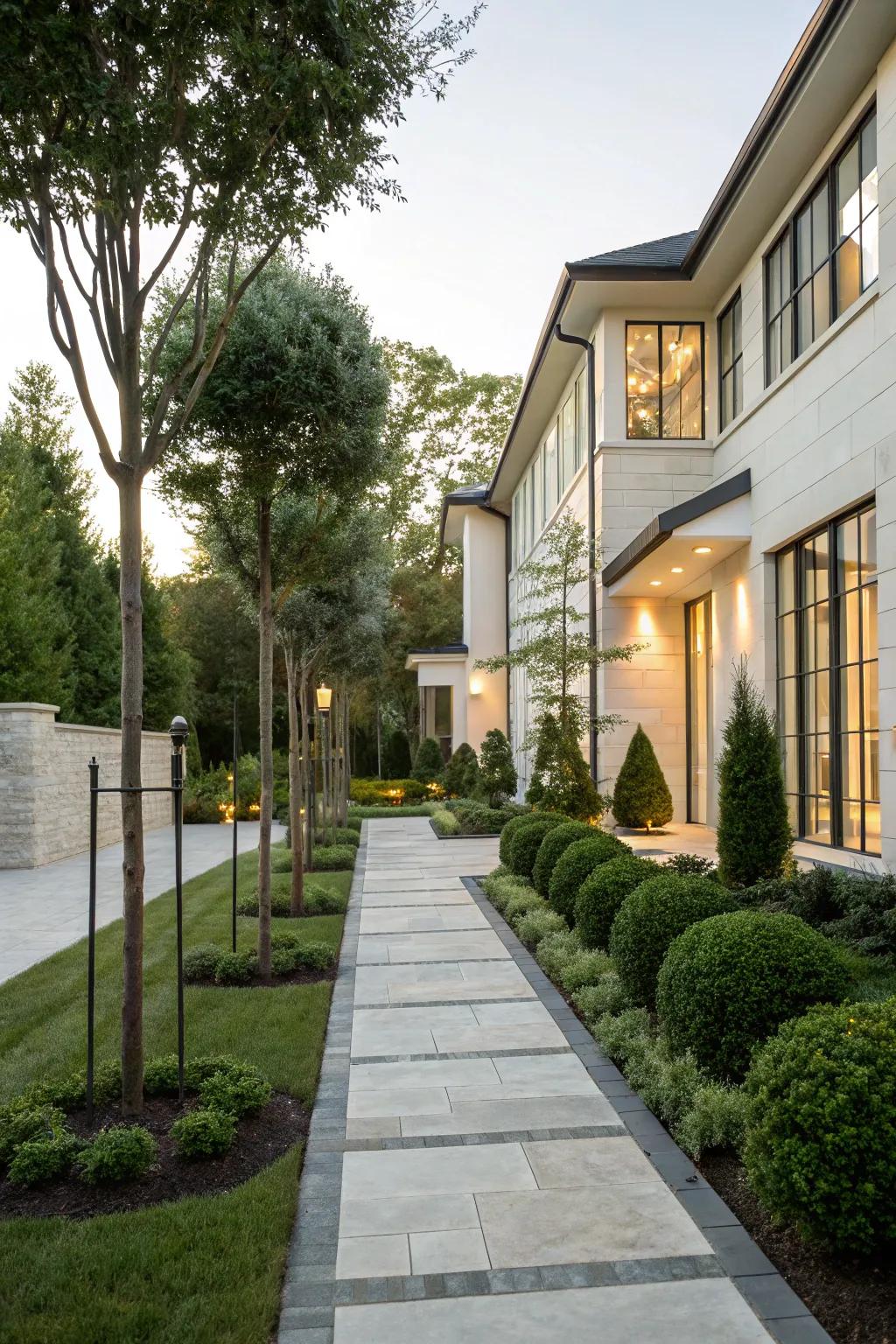 Tree-lined pathways create a welcoming journey to your front door.