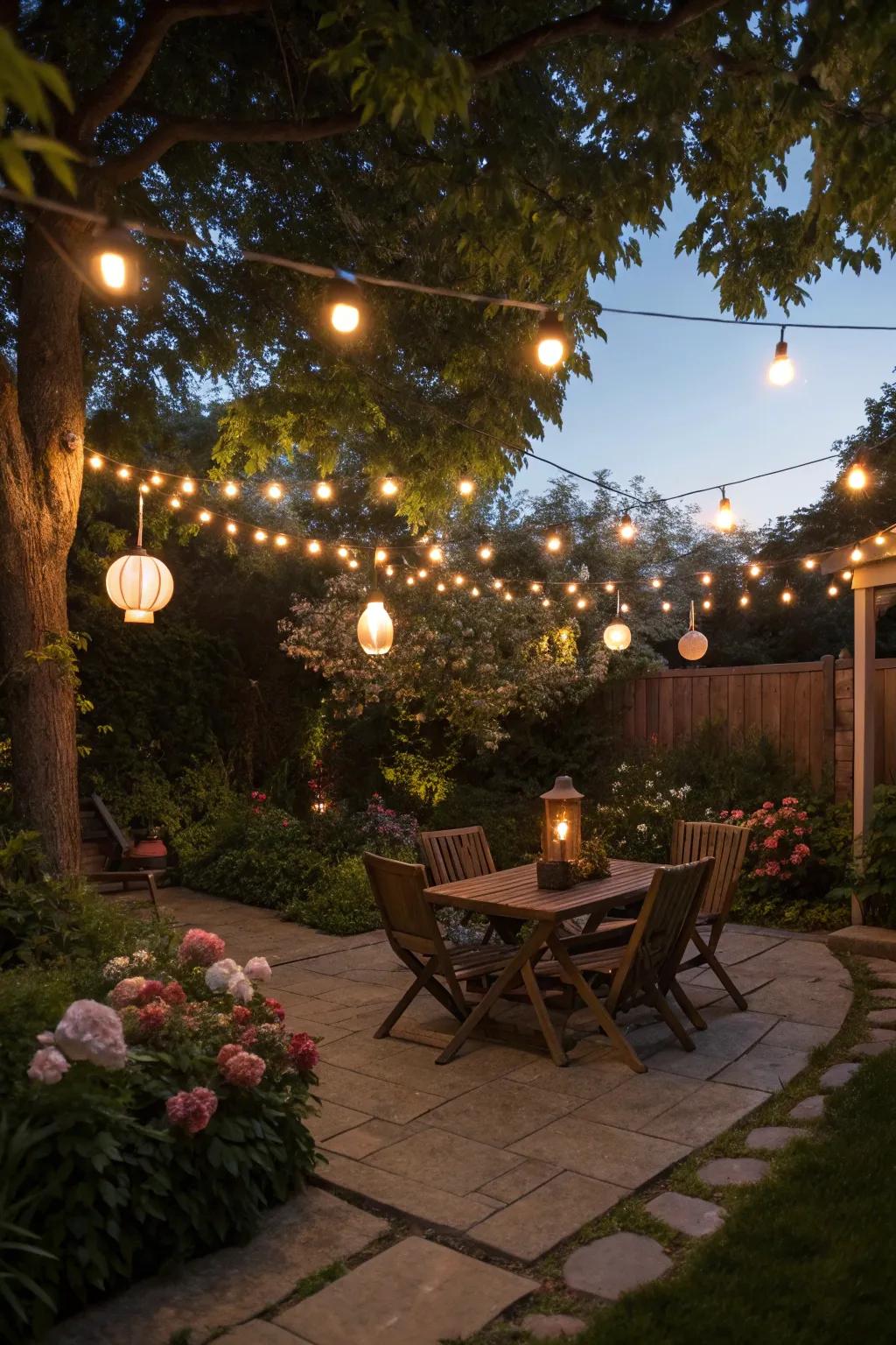 Ambient lighting that turns the backyard into a nighttime oasis.