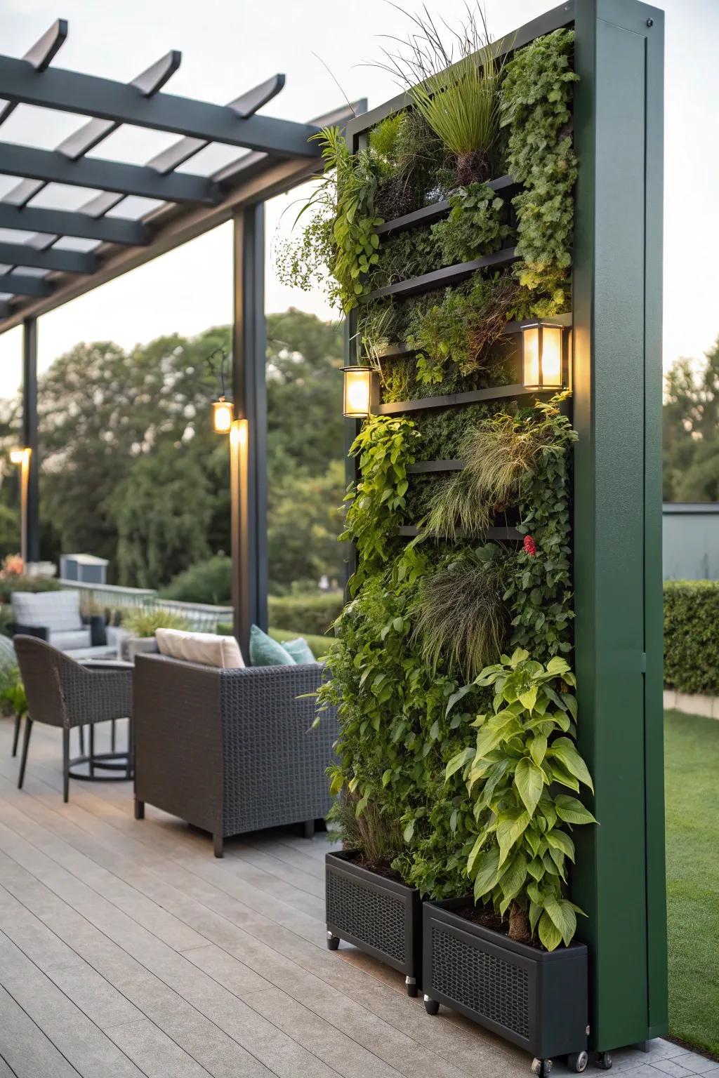 A modular green wall creates a stunning living backdrop.