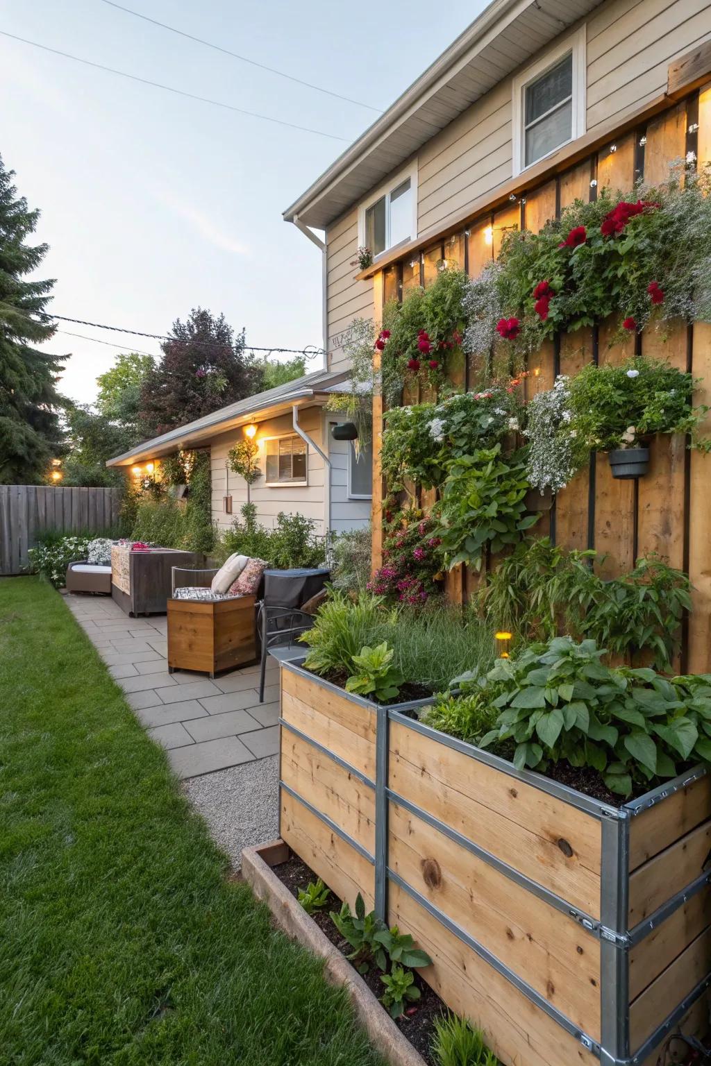 A wall garden blending wood and metal for a rustic look.