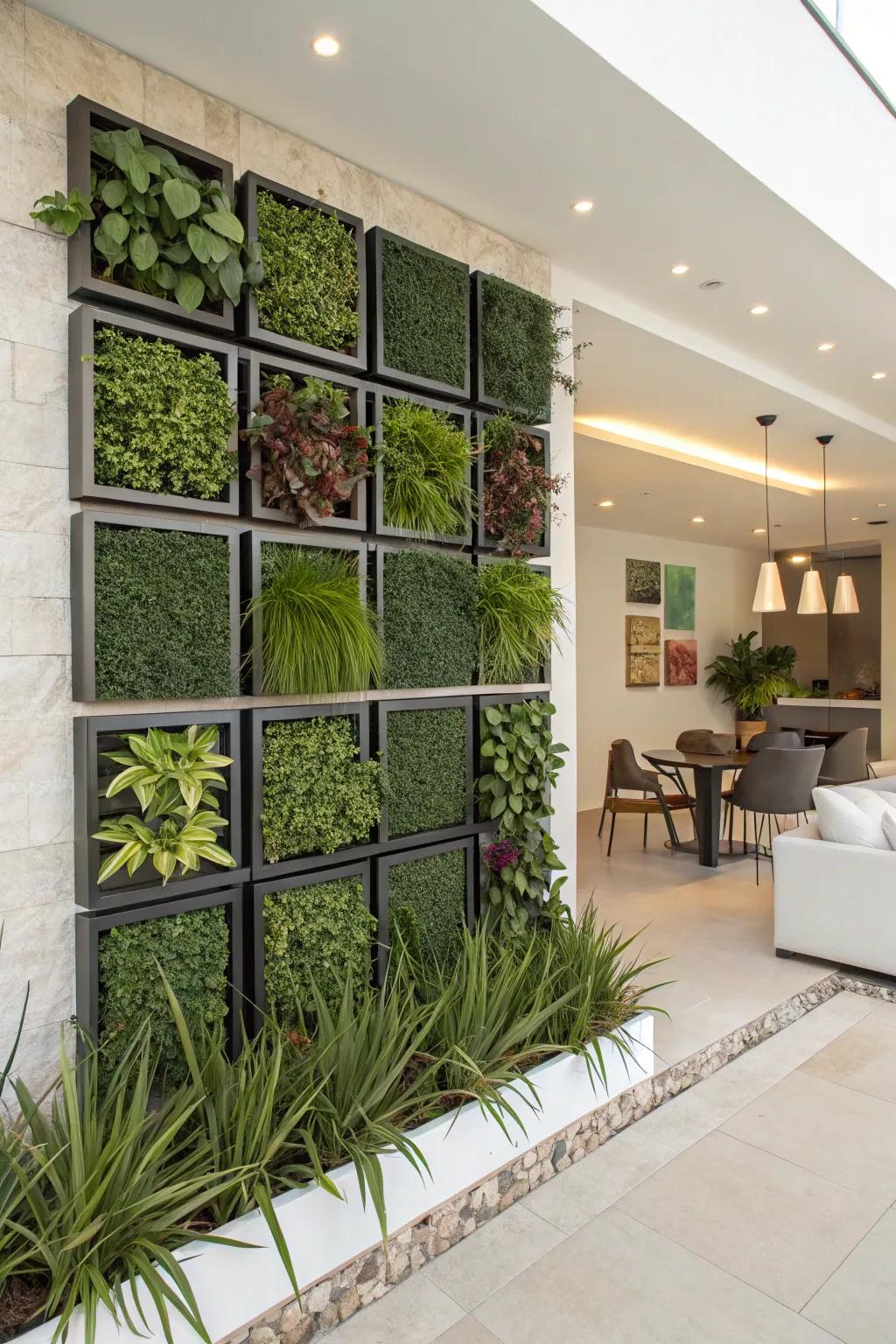 Geometric patterns add a modern touch to this wall garden.