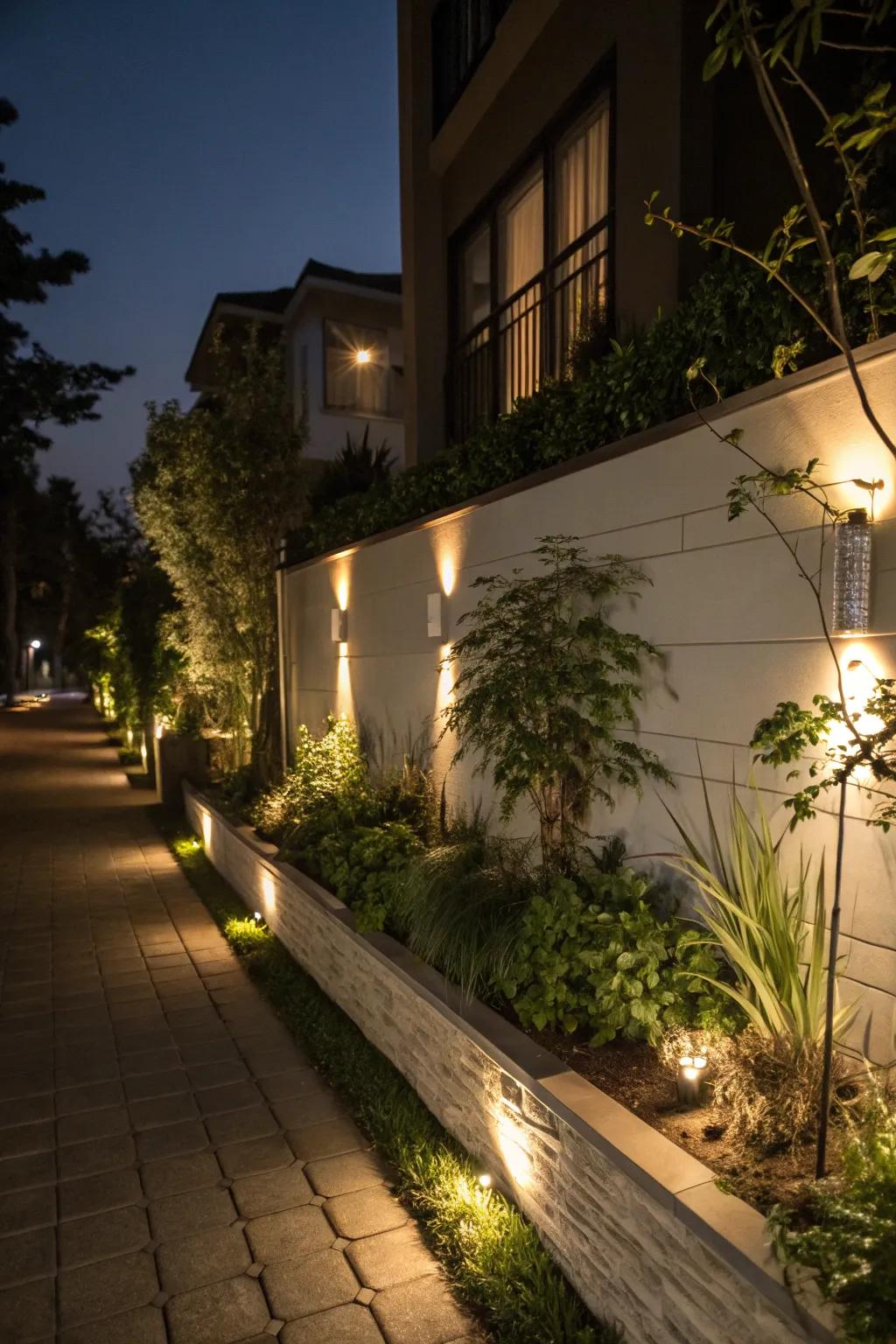 Subtle lighting makes this wall garden a nighttime delight.