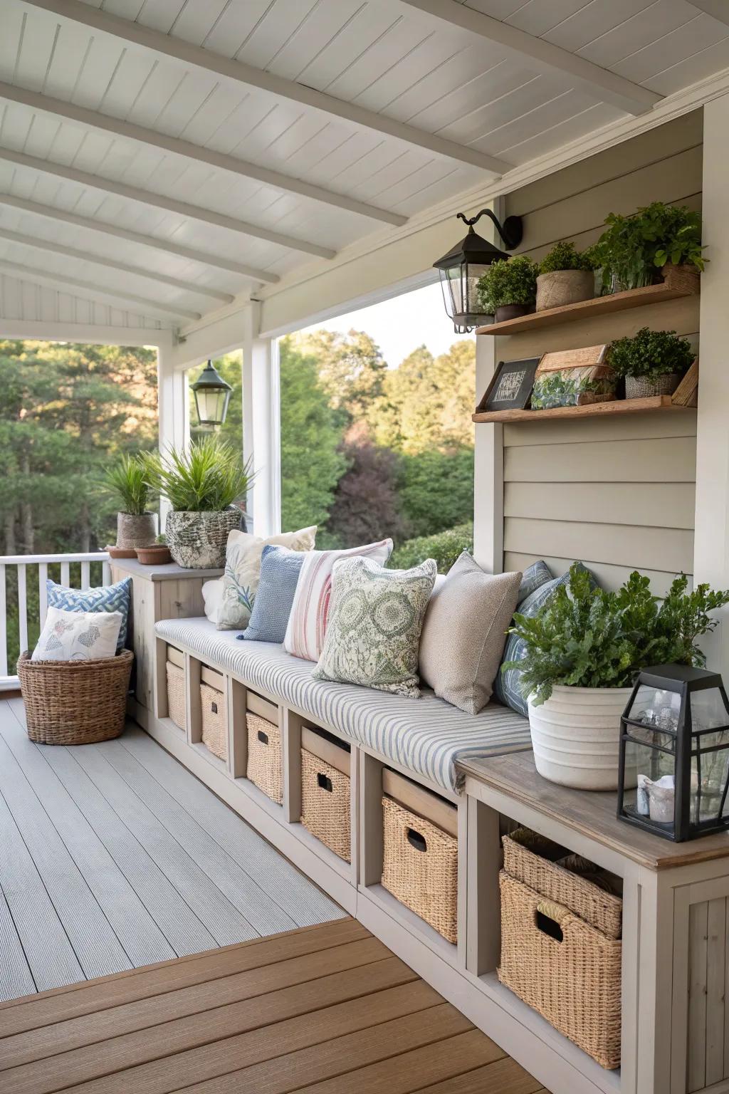 Custom built-ins providing clever storage solutions on the veranda.