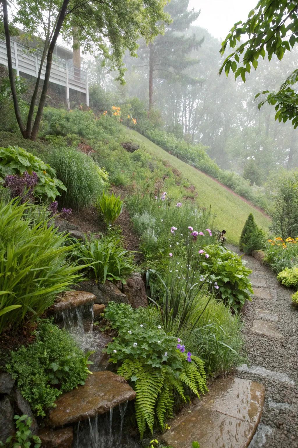 Rain gardens help manage water runoff and support plant life.