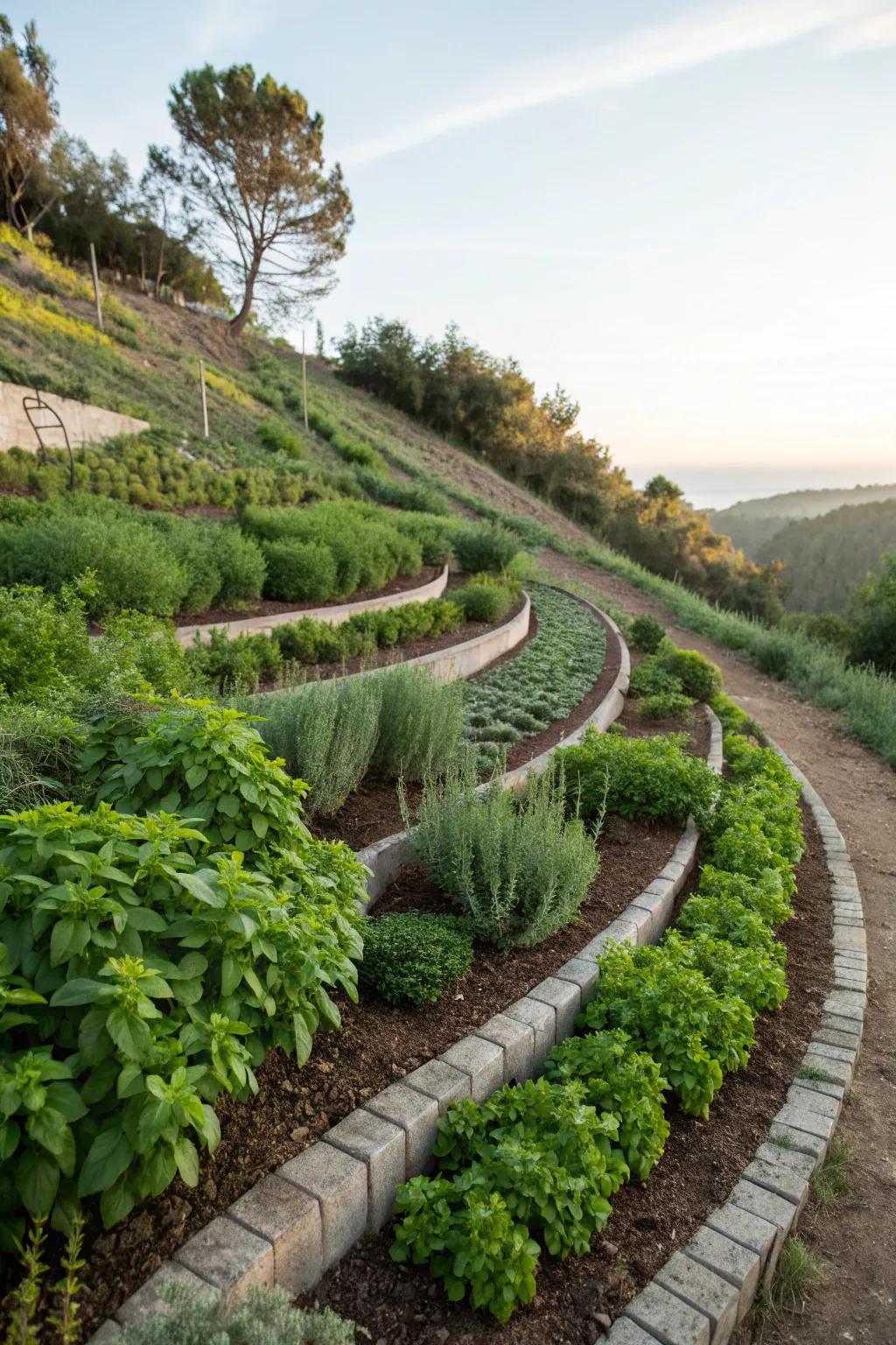 Spiral herb gardens are a creative and useful addition to slopes.