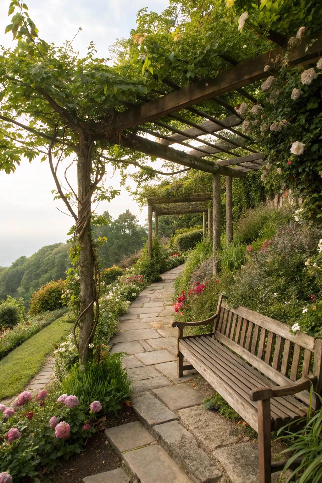 A seating area on a slope offers a peaceful retreat.
