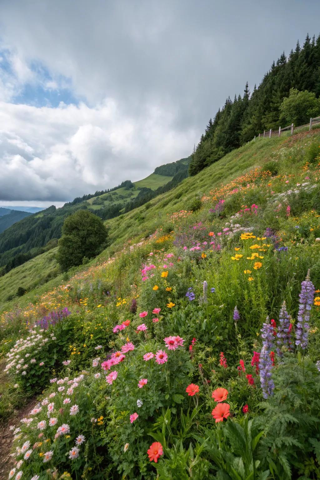 Wildflowers bring a natural and vibrant touch to sloped areas.