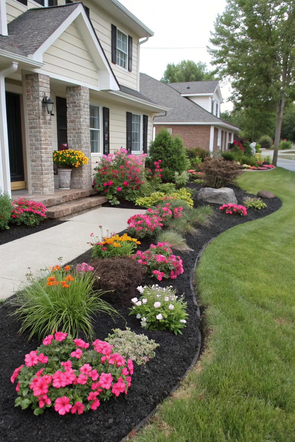 Boost your curb appeal with black mulch and vibrant blooms.