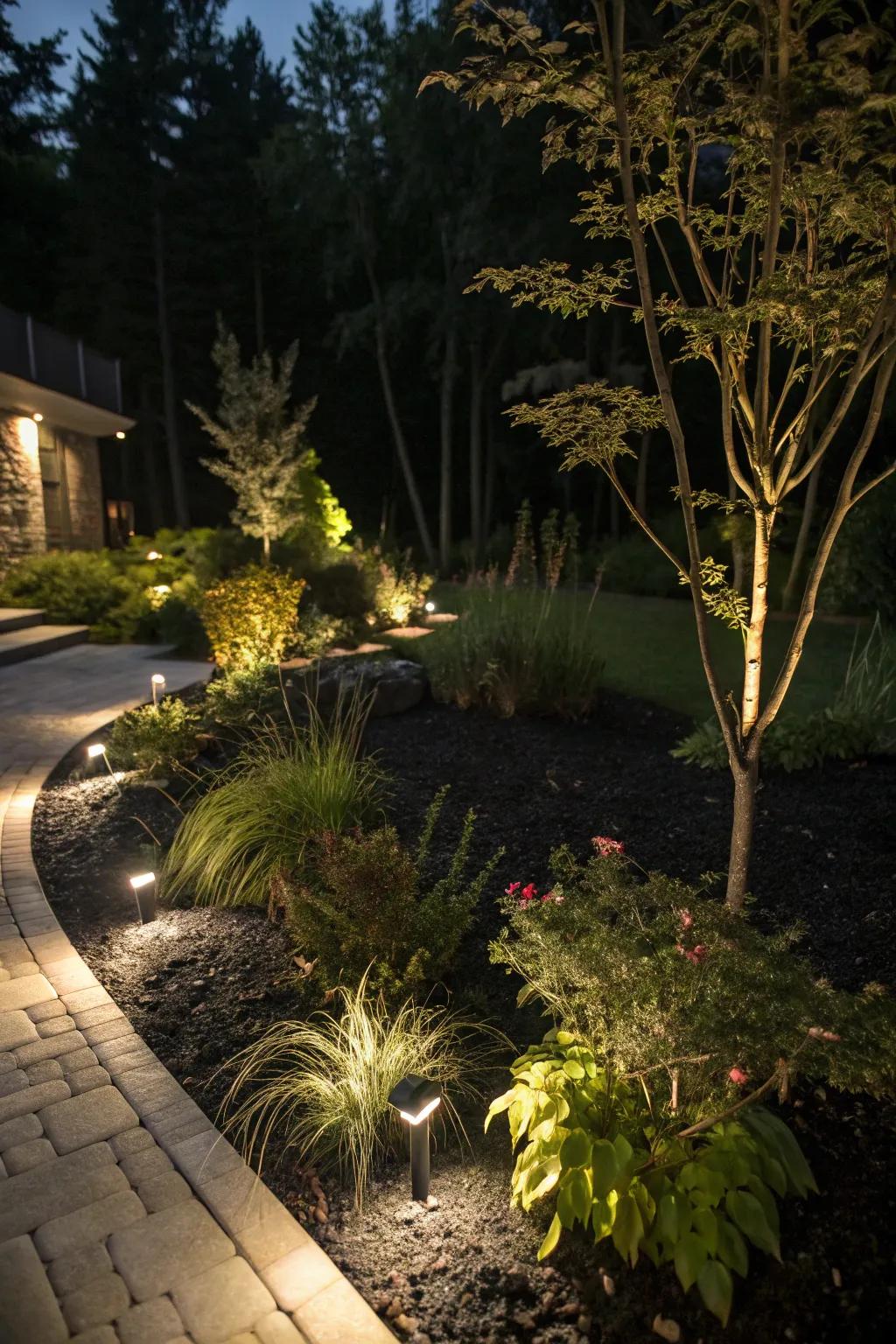 Magical nighttime garden with black mulch and lighting.