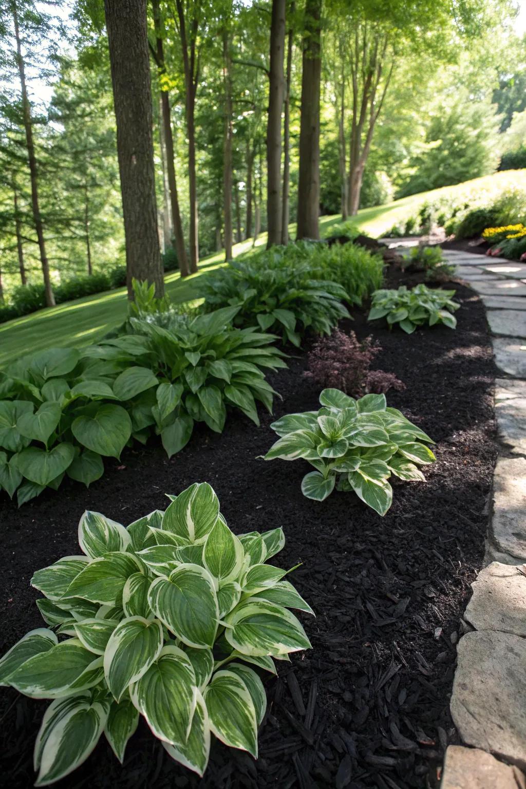 Thrive in shade with black mulch and hostas.