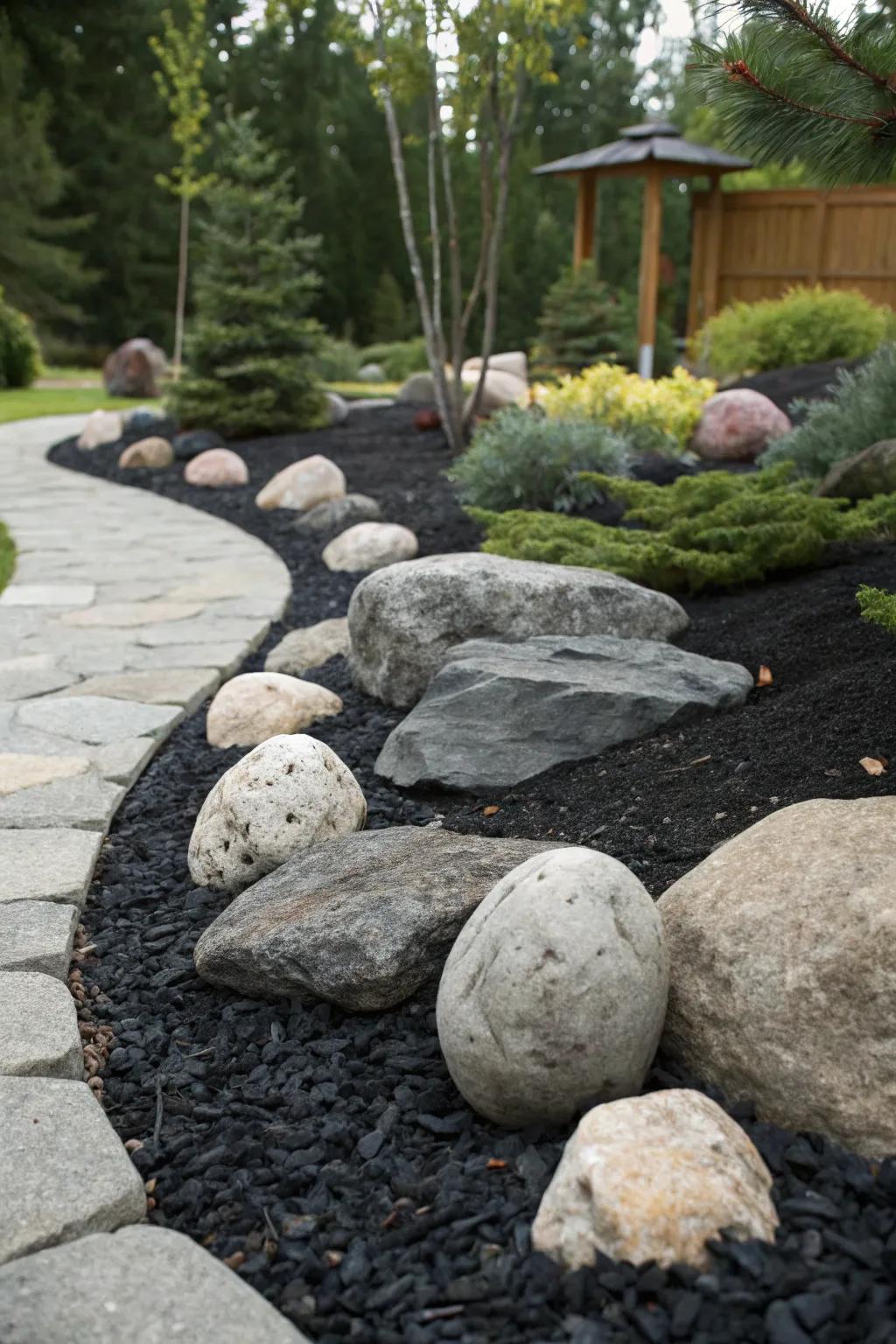 Unique rock garden with black mulch.