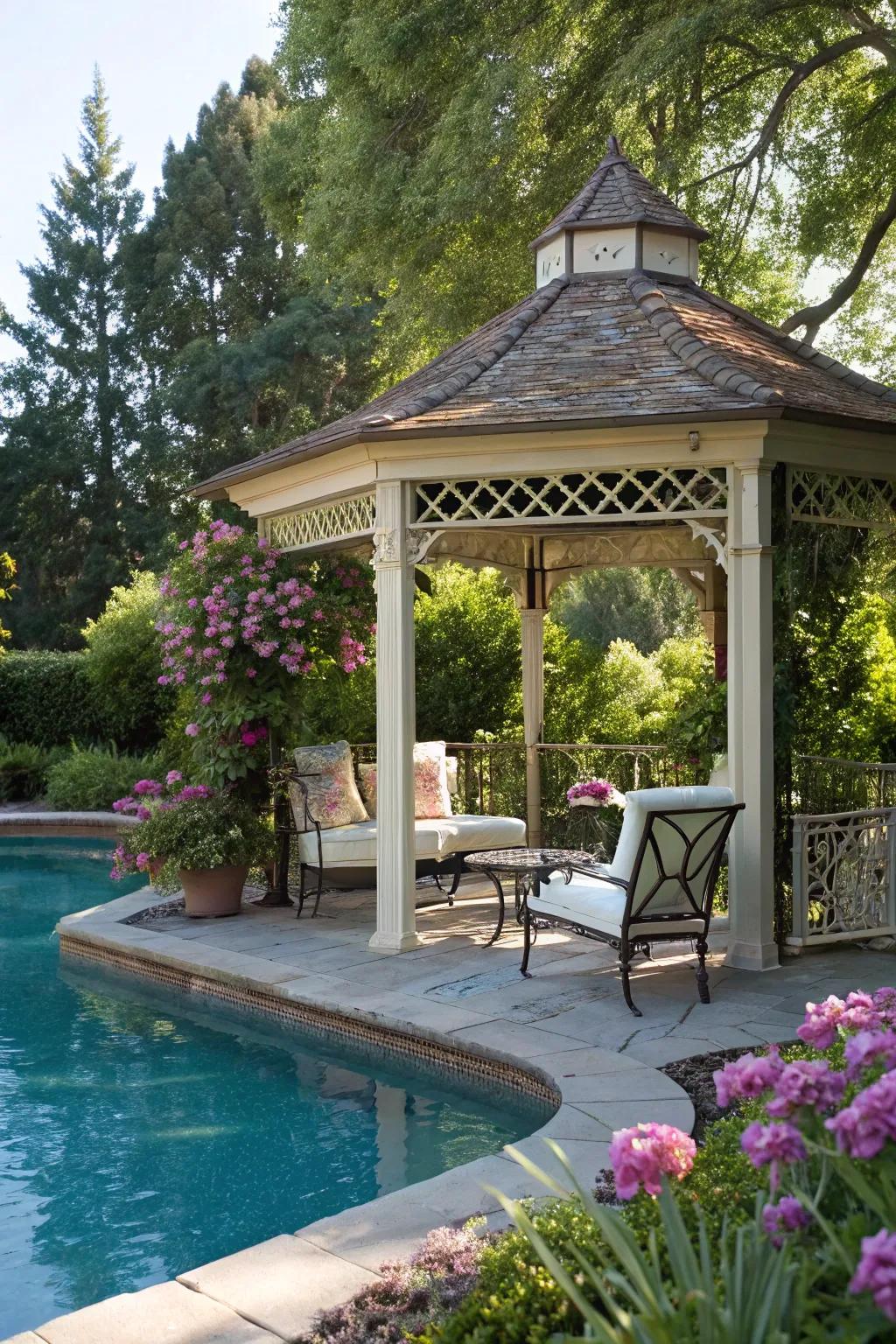 A unique gazebo with sunken seating offers cozy poolside relaxation.