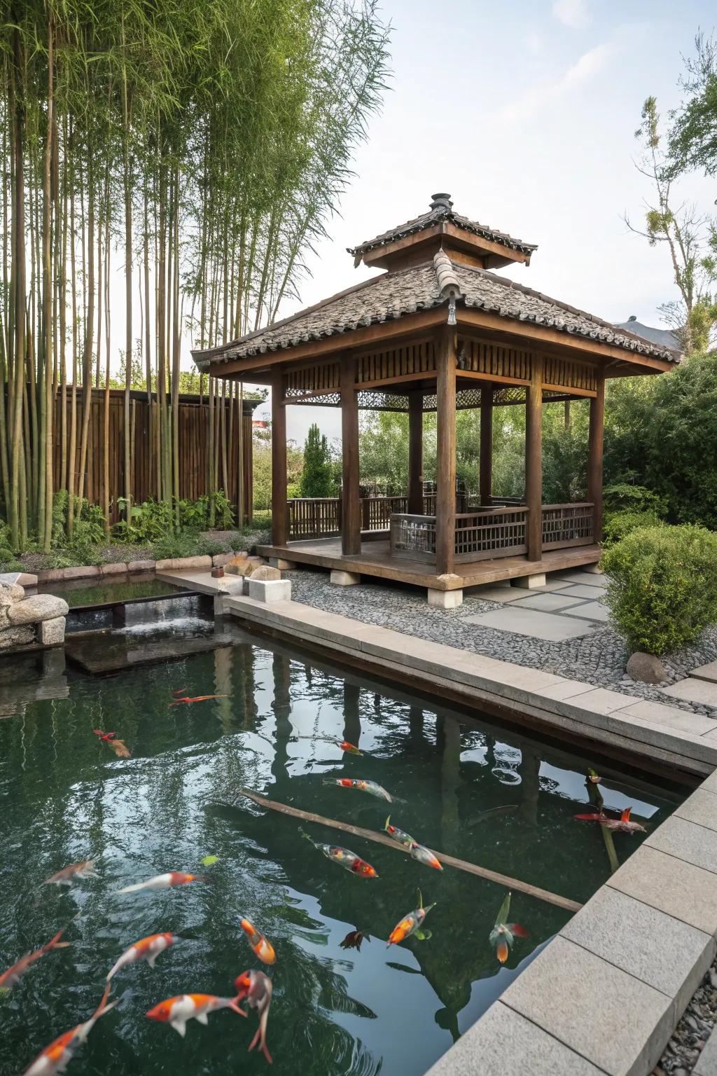A serene Japanese tea house-style gazebo providing ultimate relaxation.