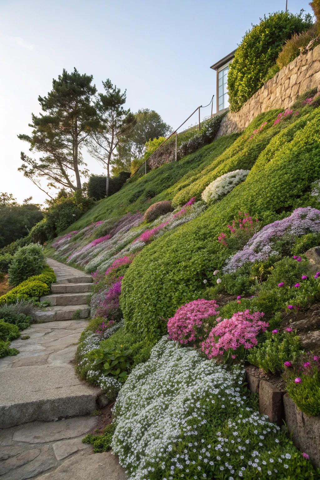Groundcovers provide a lush, low-maintenance solution for slopes.