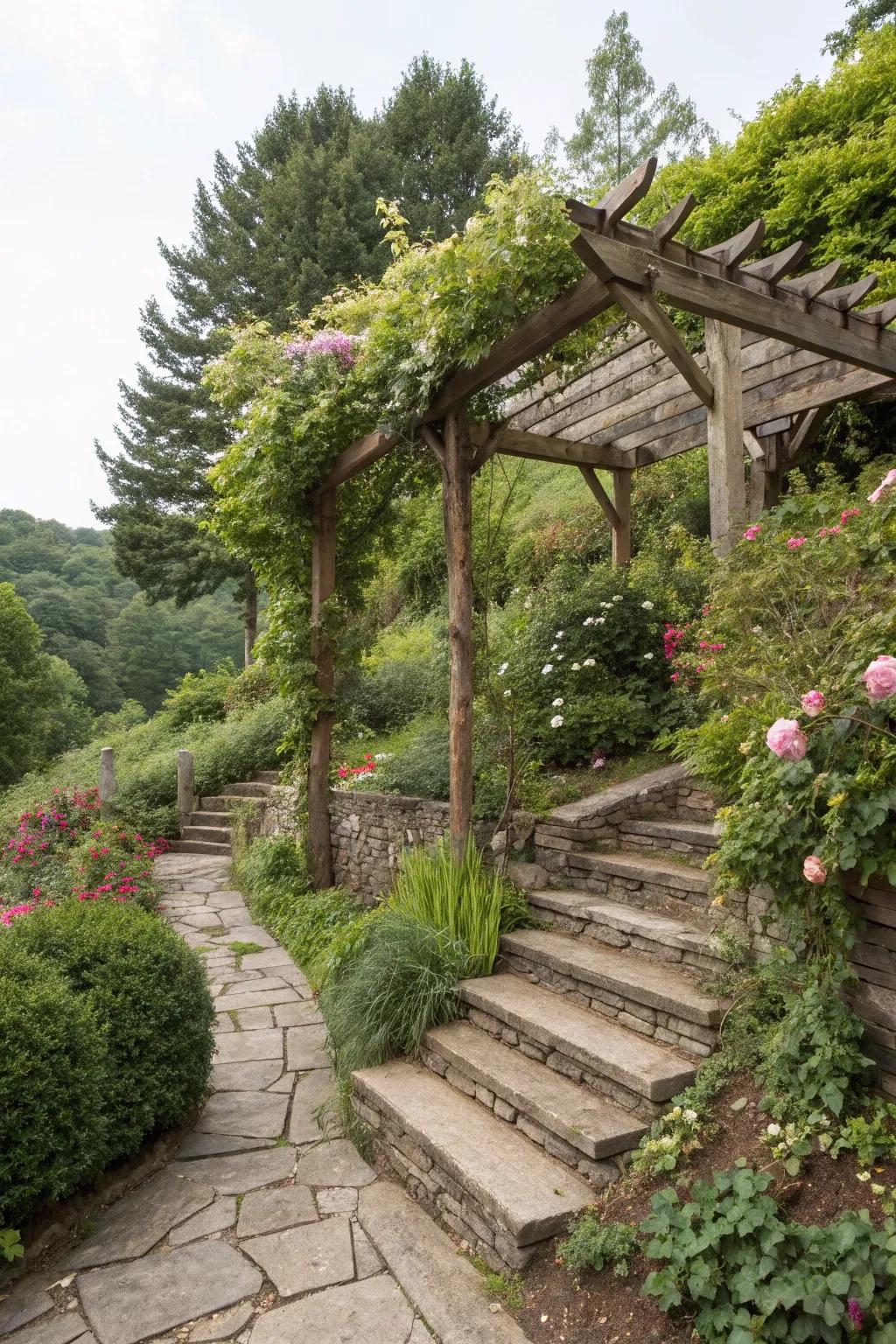 A rustic wooden pergola adds charm and character to a garden slope.