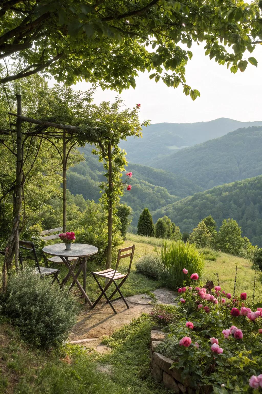 A secret garden nook offers a whimsical escape on a sloped landscape.