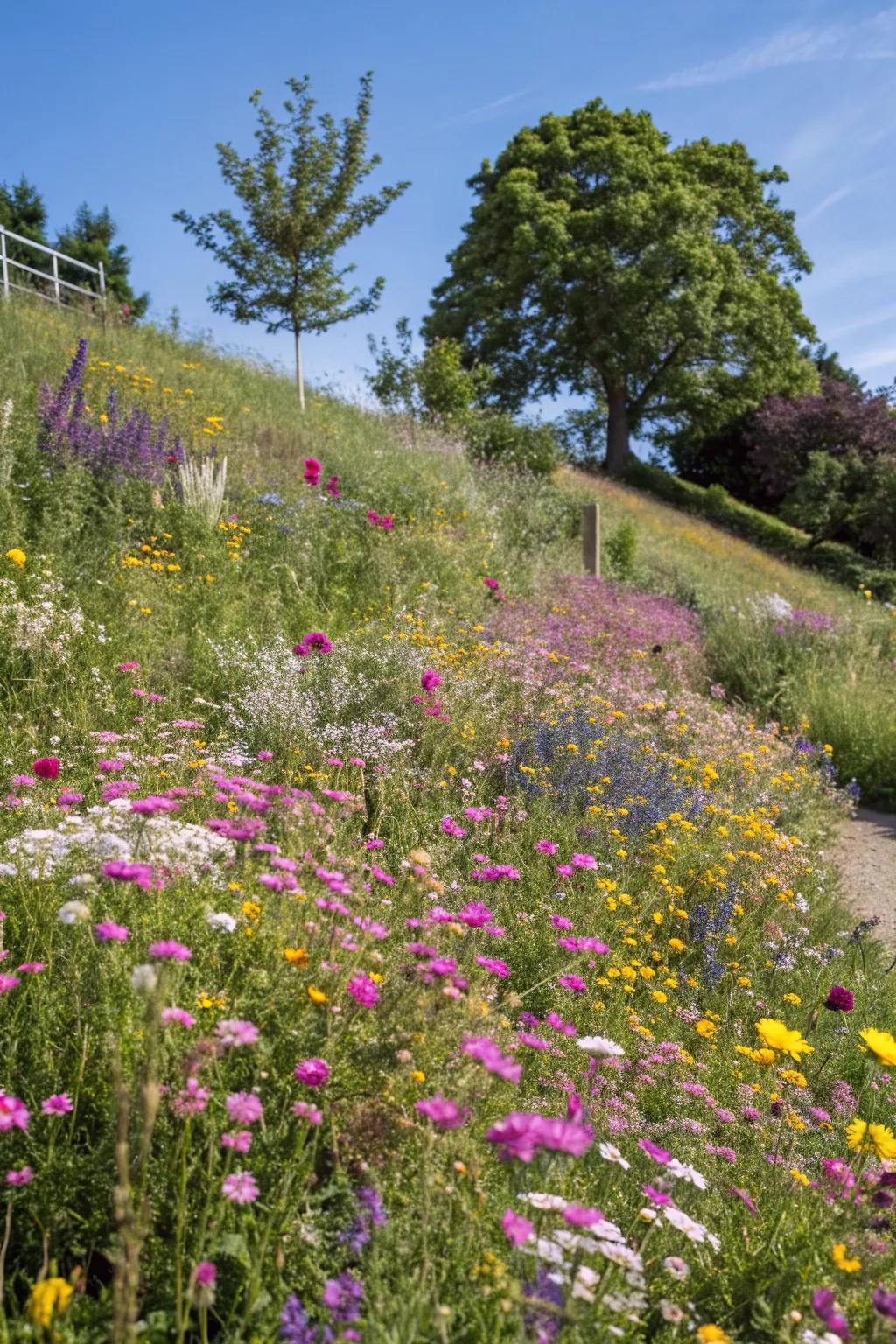 A wildflower meadow turns a slope into a vibrant, colorful display.