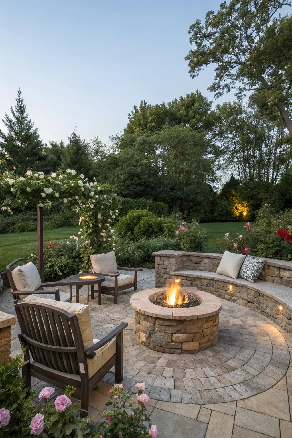 A fire pit warms up evening gatherings.