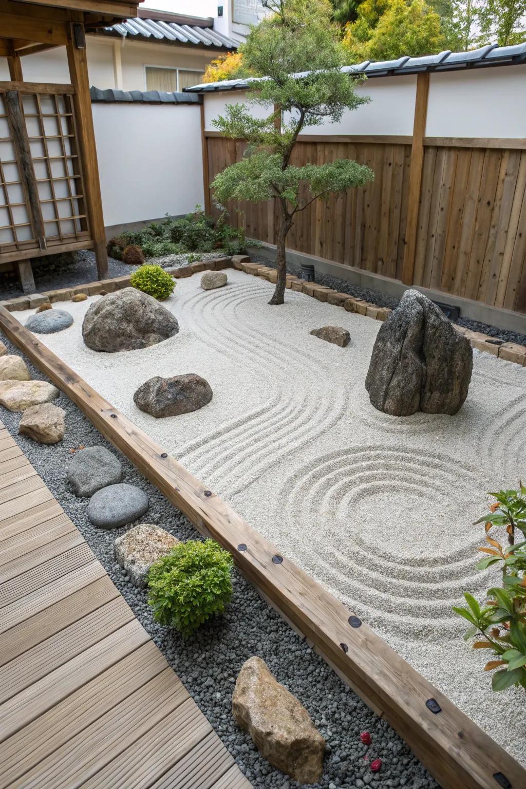 A Zen garden provides a space for tranquility and reflection.