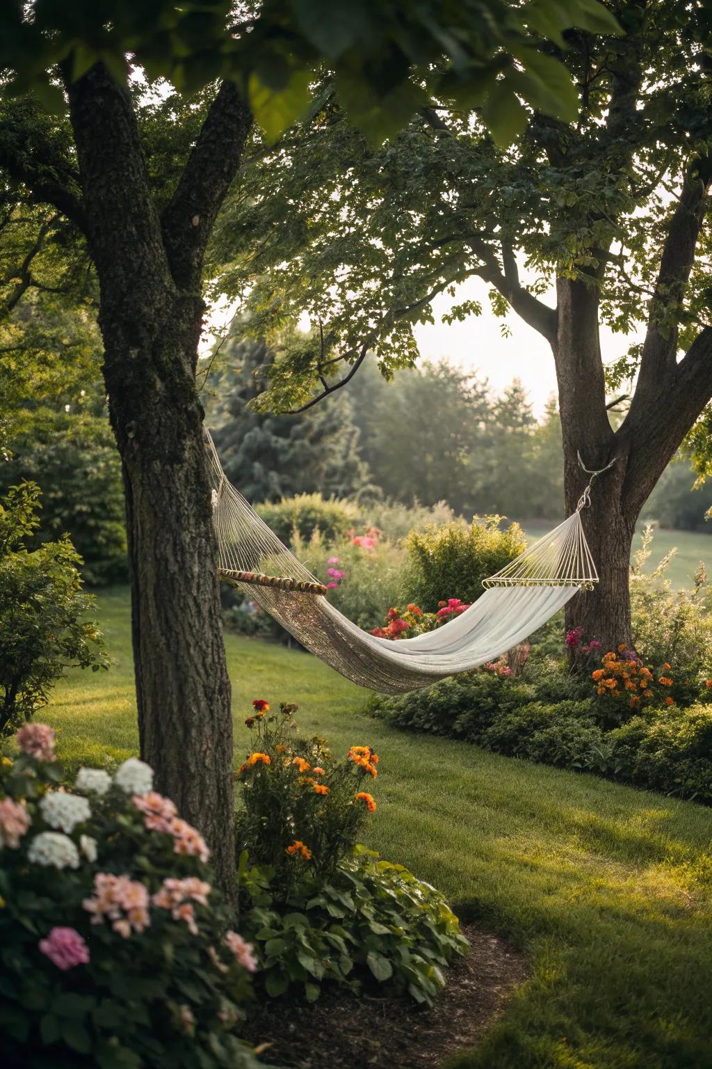 A hammock offers a peaceful retreat.
