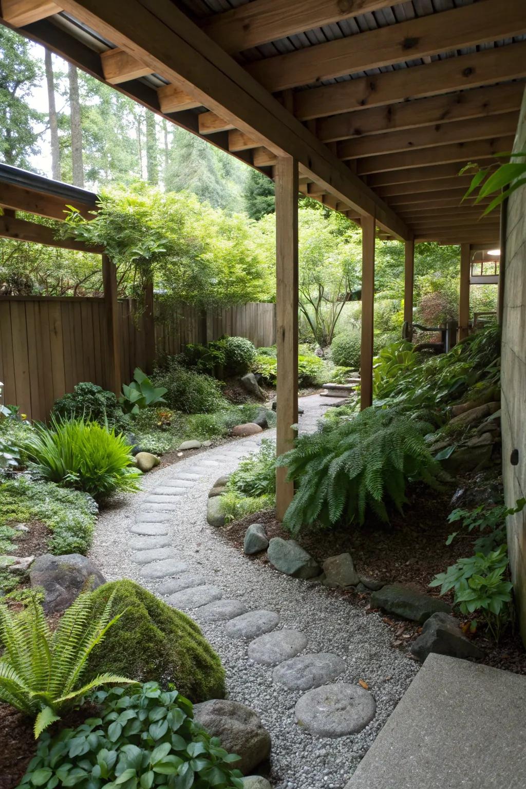 A secret garden oasis created under a deck using gravel and plants.