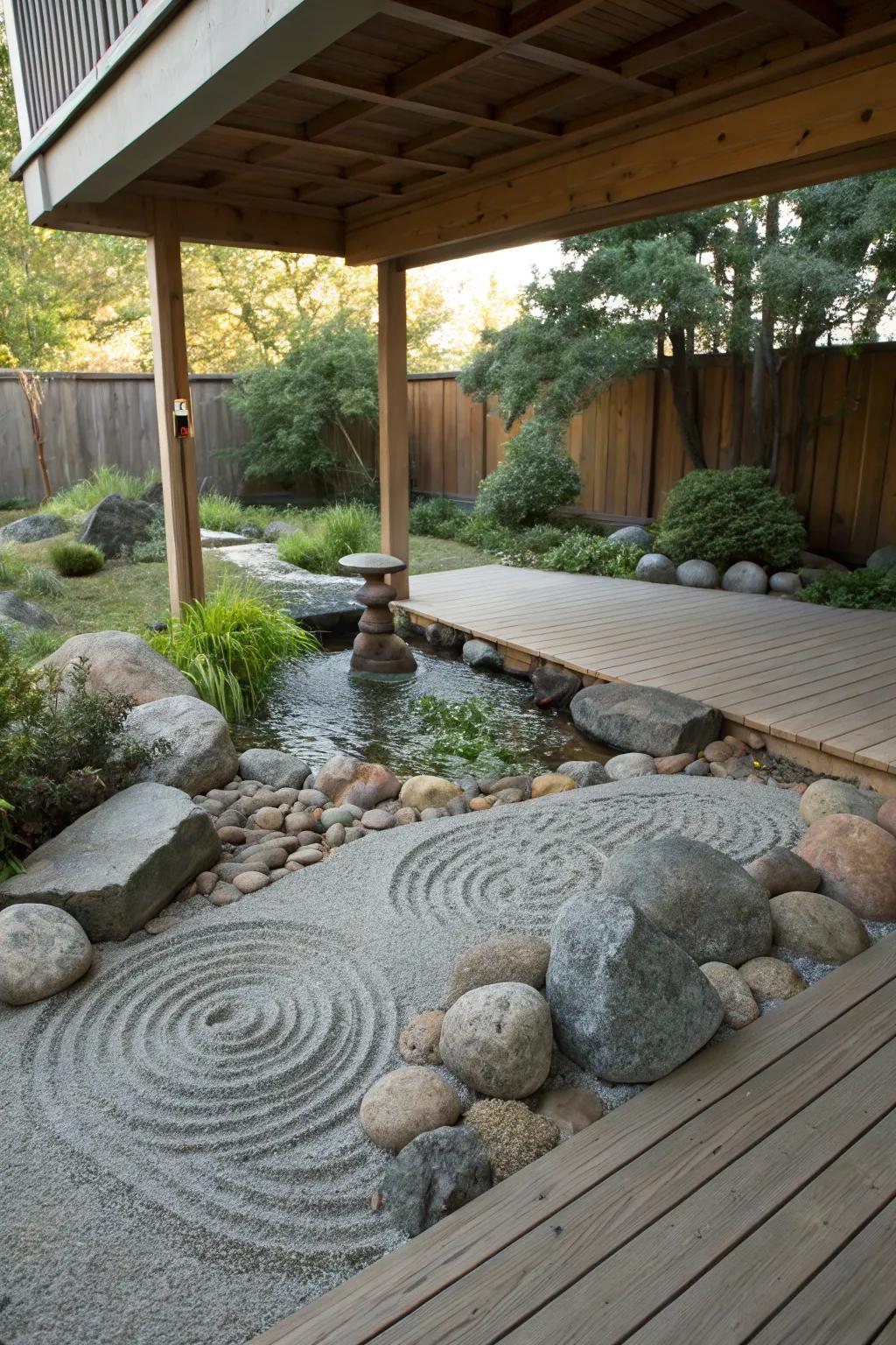 A tranquil Zen garden under a deck, creating a peaceful retreat.