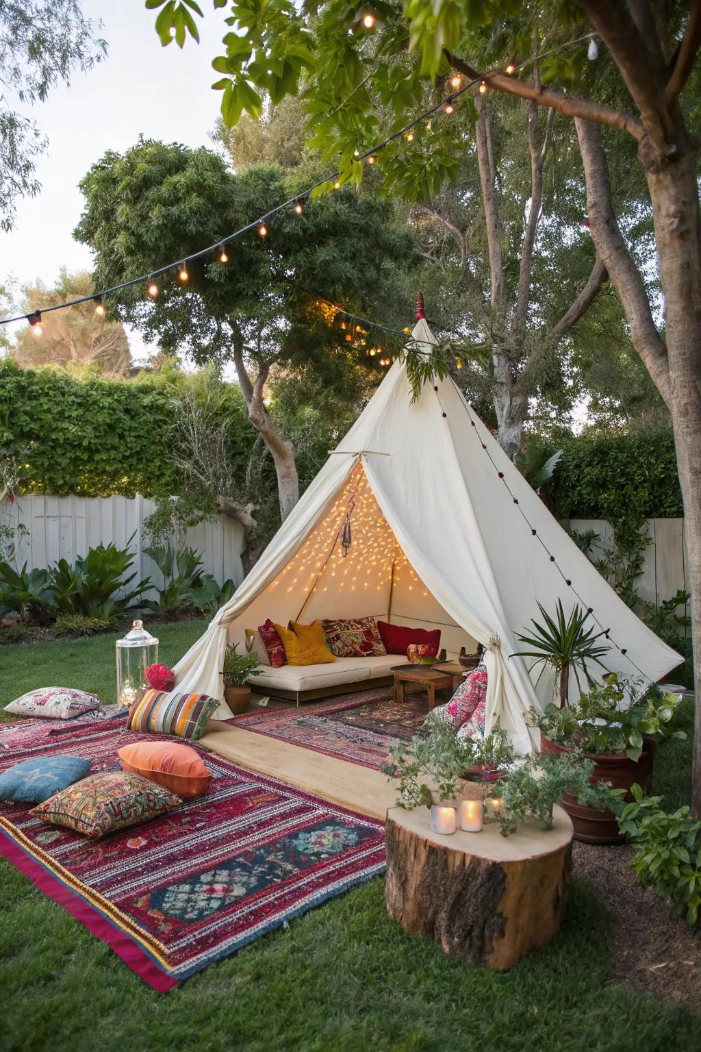 Create a stylish retreat with a decorative tent.
