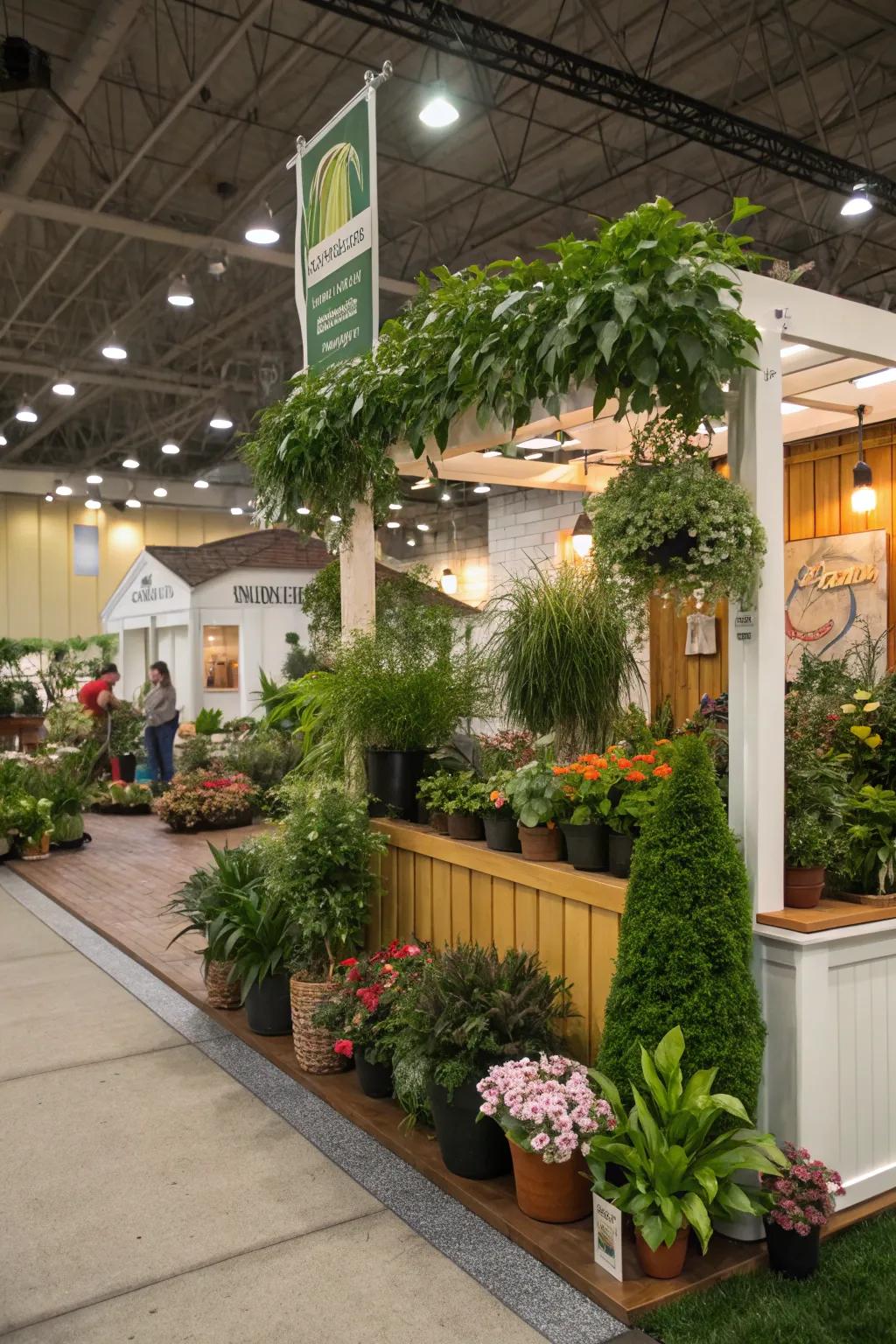 A booth filled with greenery can create a serene and inviting atmosphere.