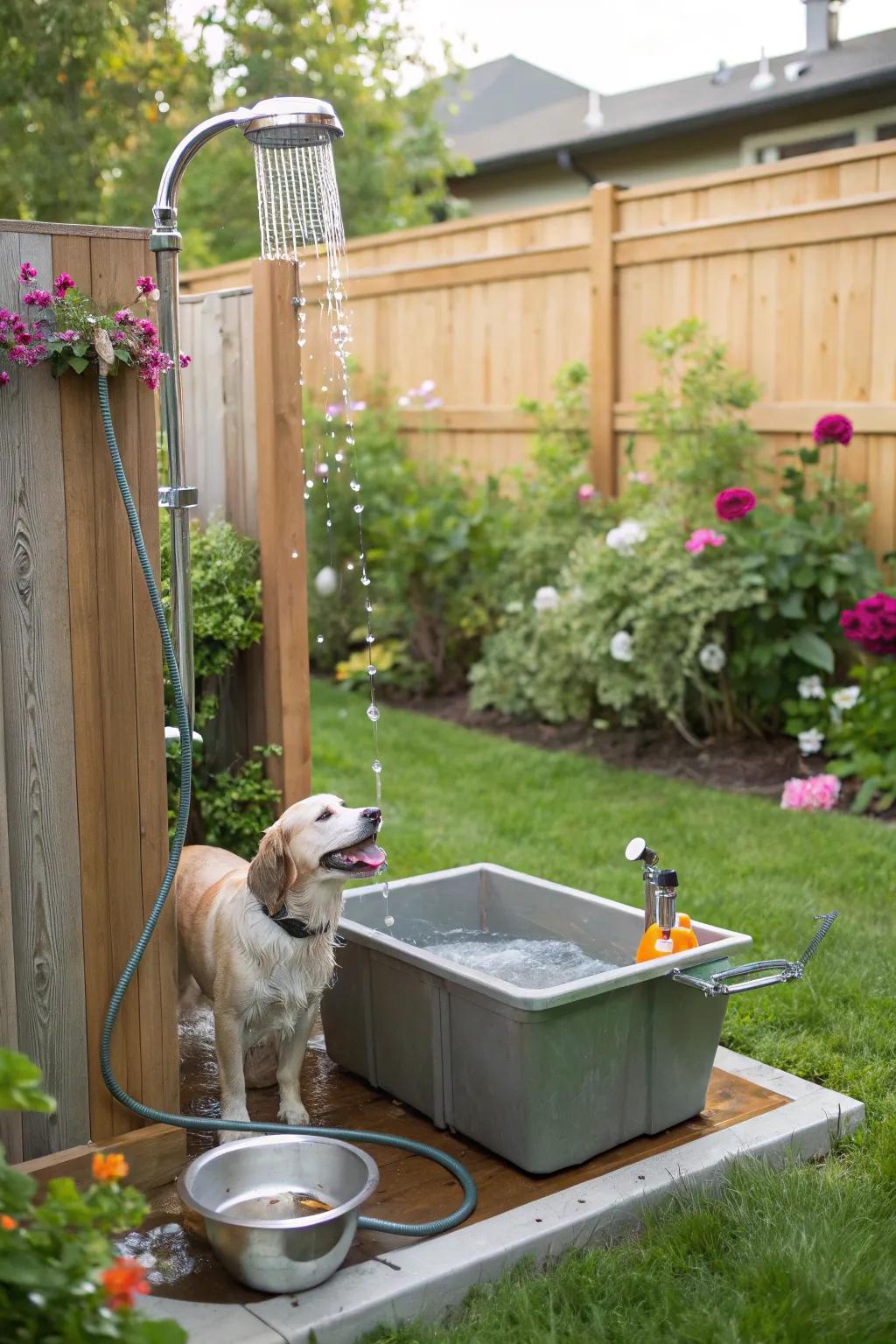 A pet shower station ensures clean paws before heading indoors.