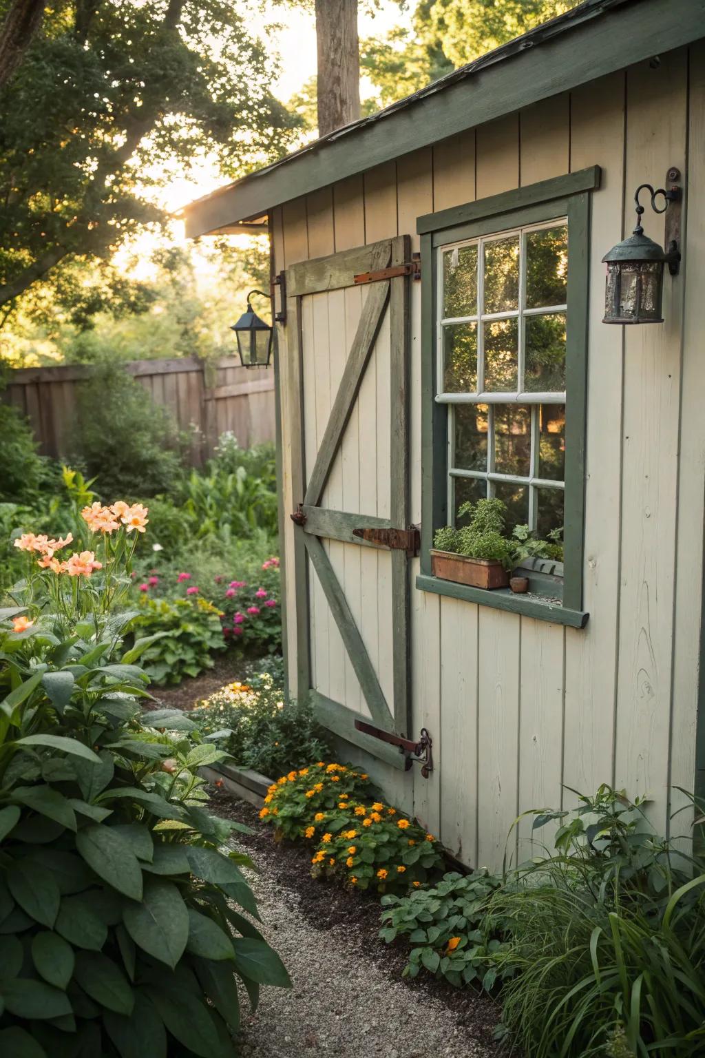 Vintage hardware adds a touch of nostalgia to this shed window.