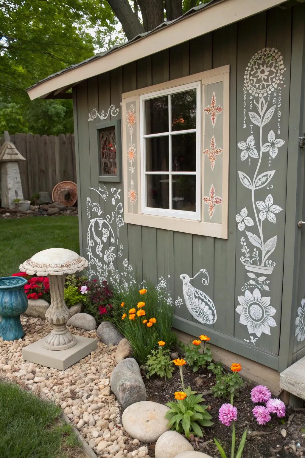 Stenciled designs add a personalized touch to this shed window.