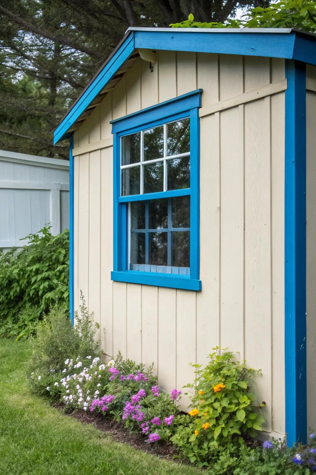 A bold blue trim adds a pop of color to this shed window.