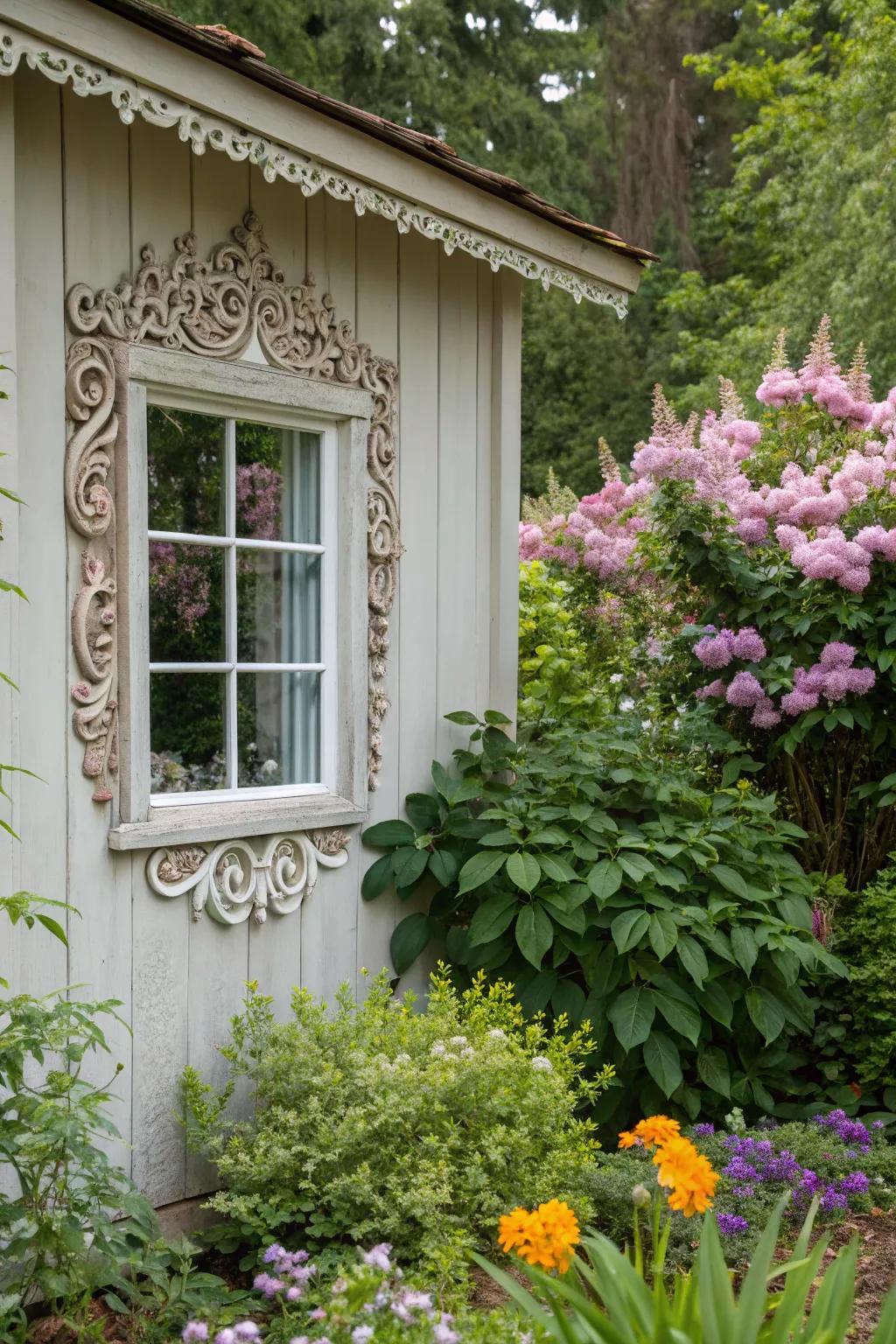 Decorative molding adds elegance to this shed window.