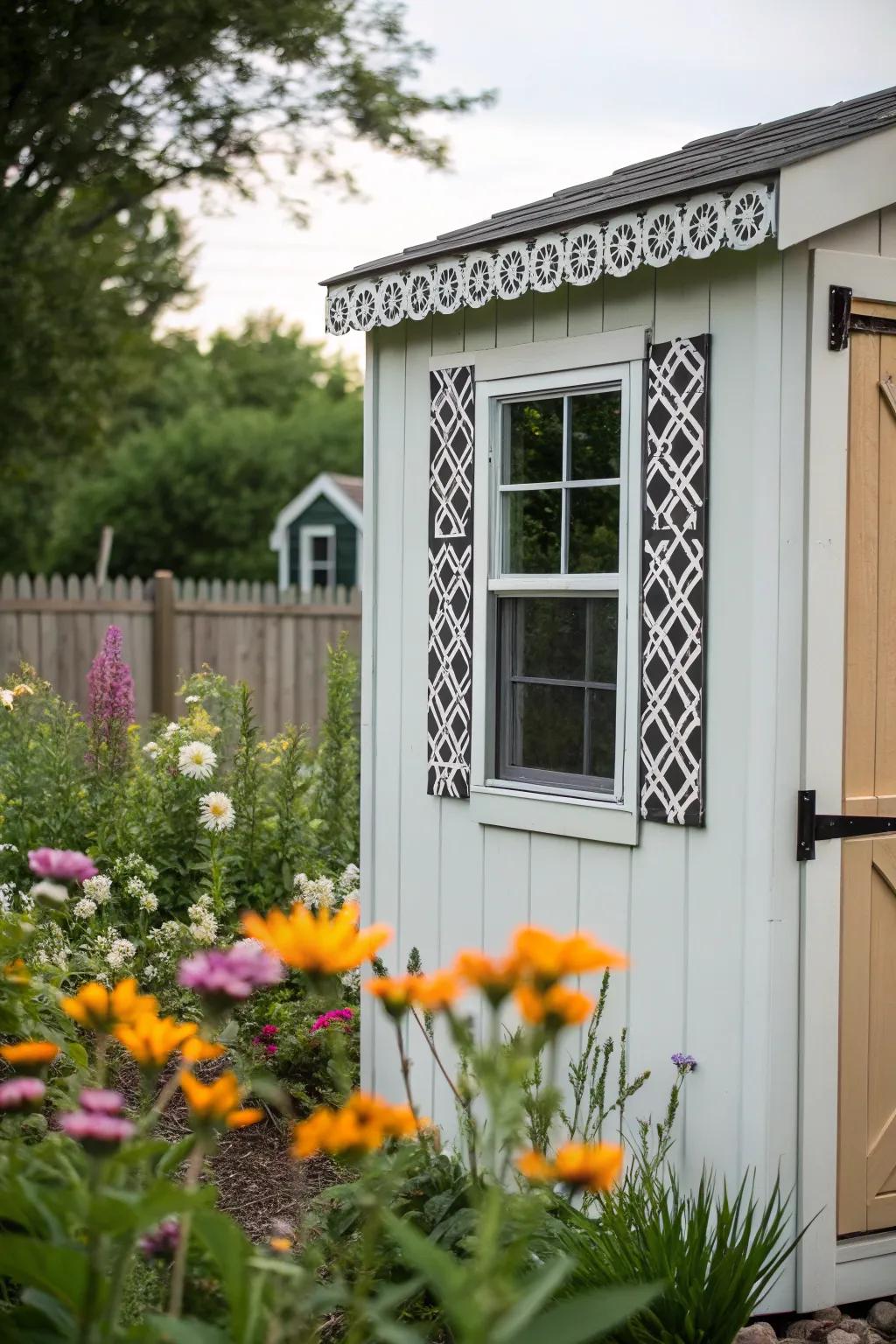 Geometric patterns create a striking, artistic look for this shed window.