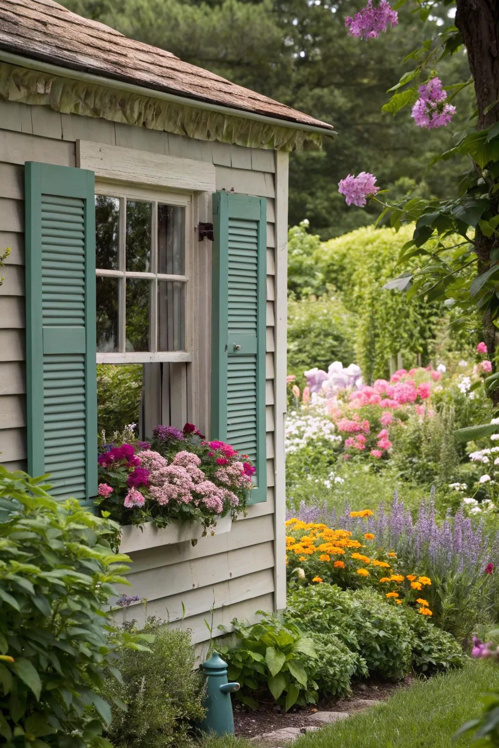 Shutters provide a cozy, cottage-like appearance to this shed.