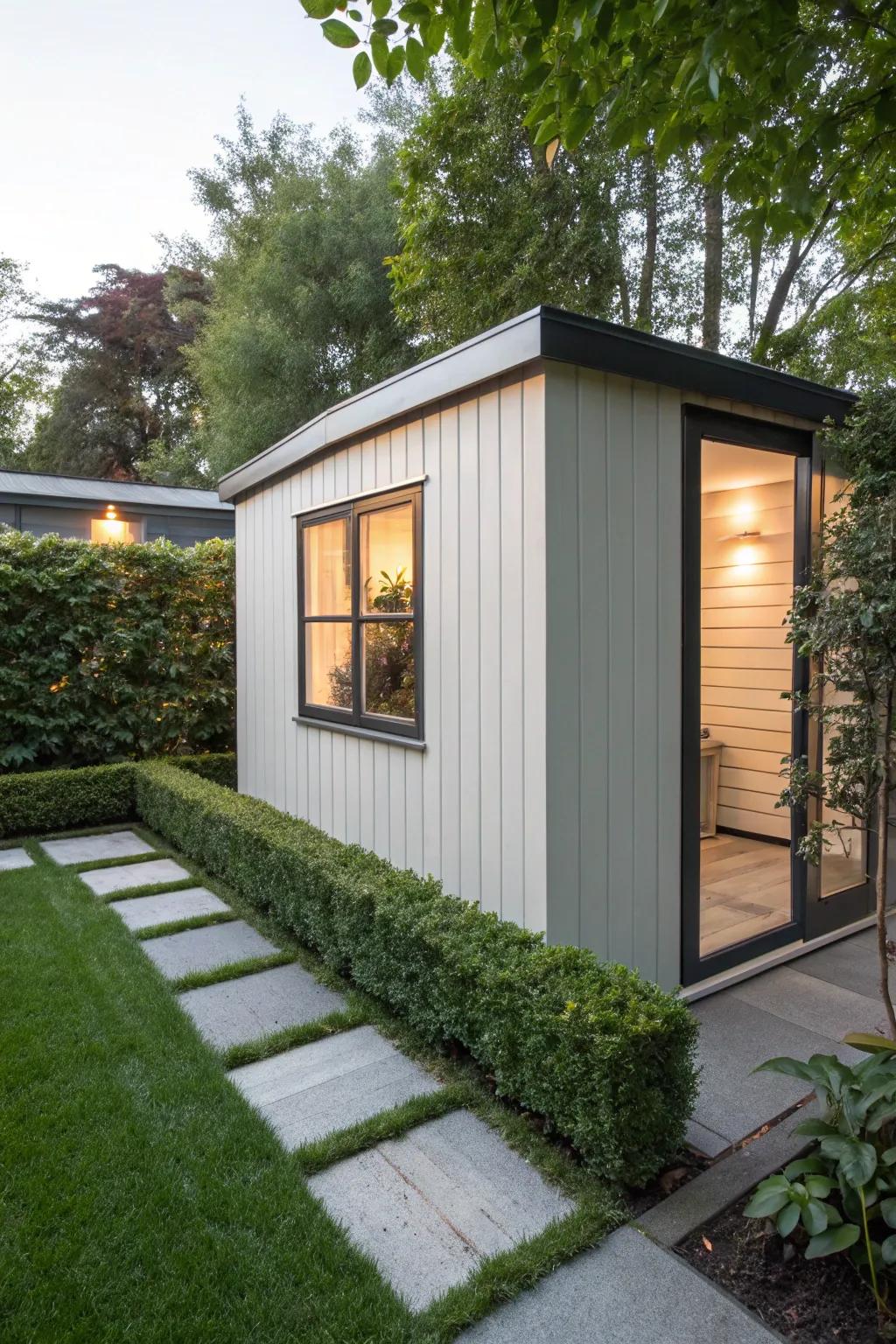 Sleek and simple, this modern trim design enhances the shed's contemporary vibe.