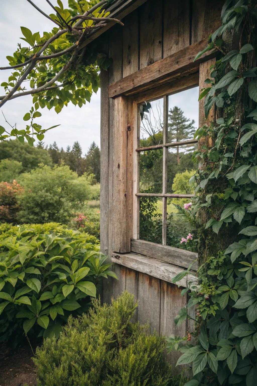 Natural wood trim brings rustic charm to this shed window.