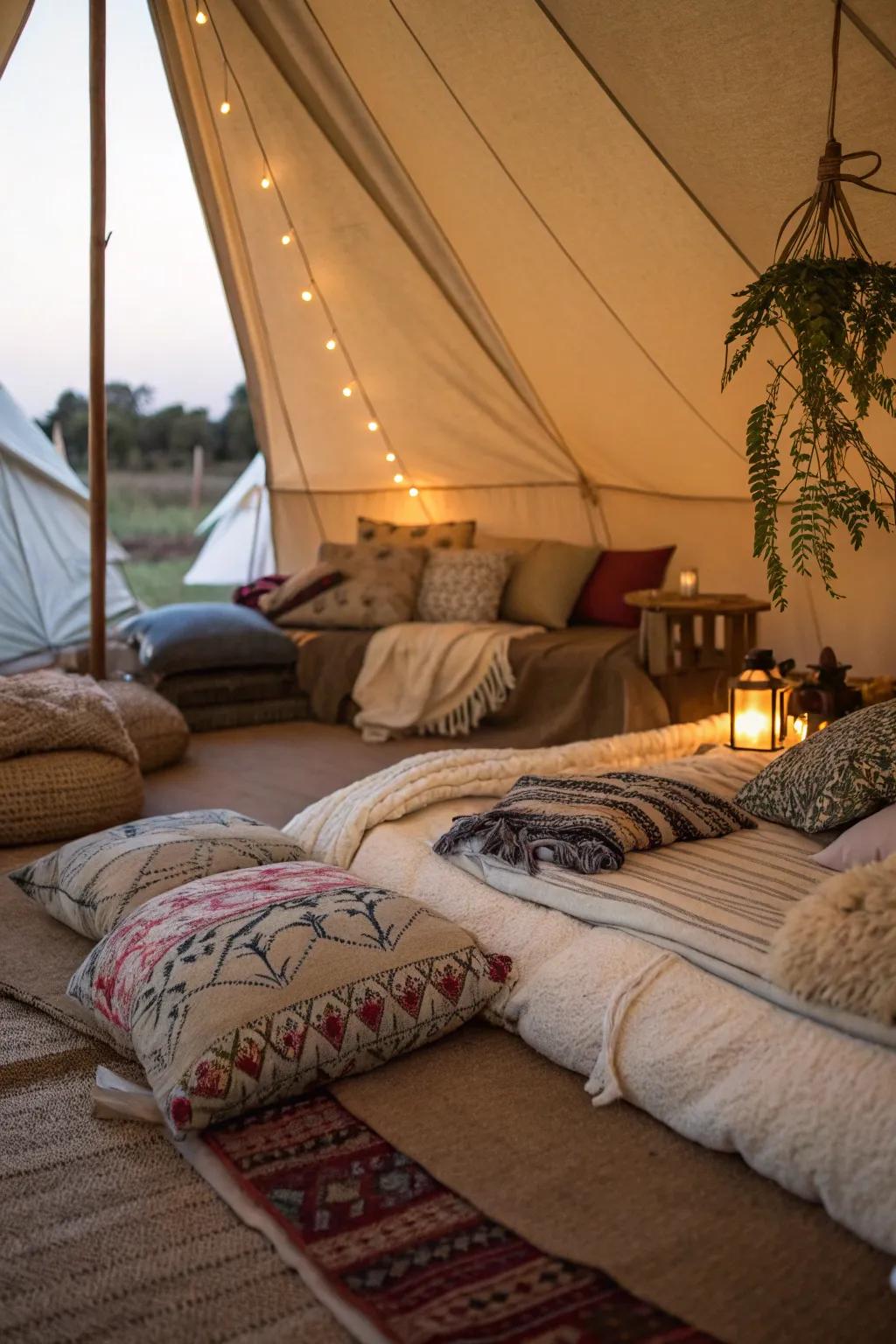 Create a cozy haven inside the tent with cushions and blankets.
