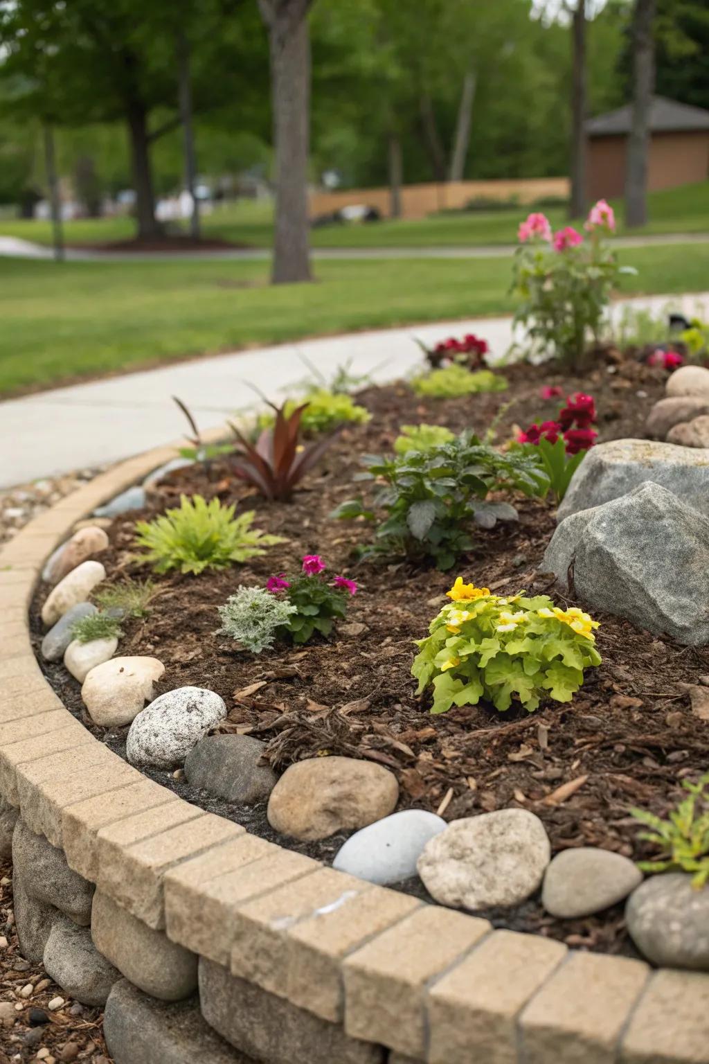 Mulch and rocks add texture and help control weeds.