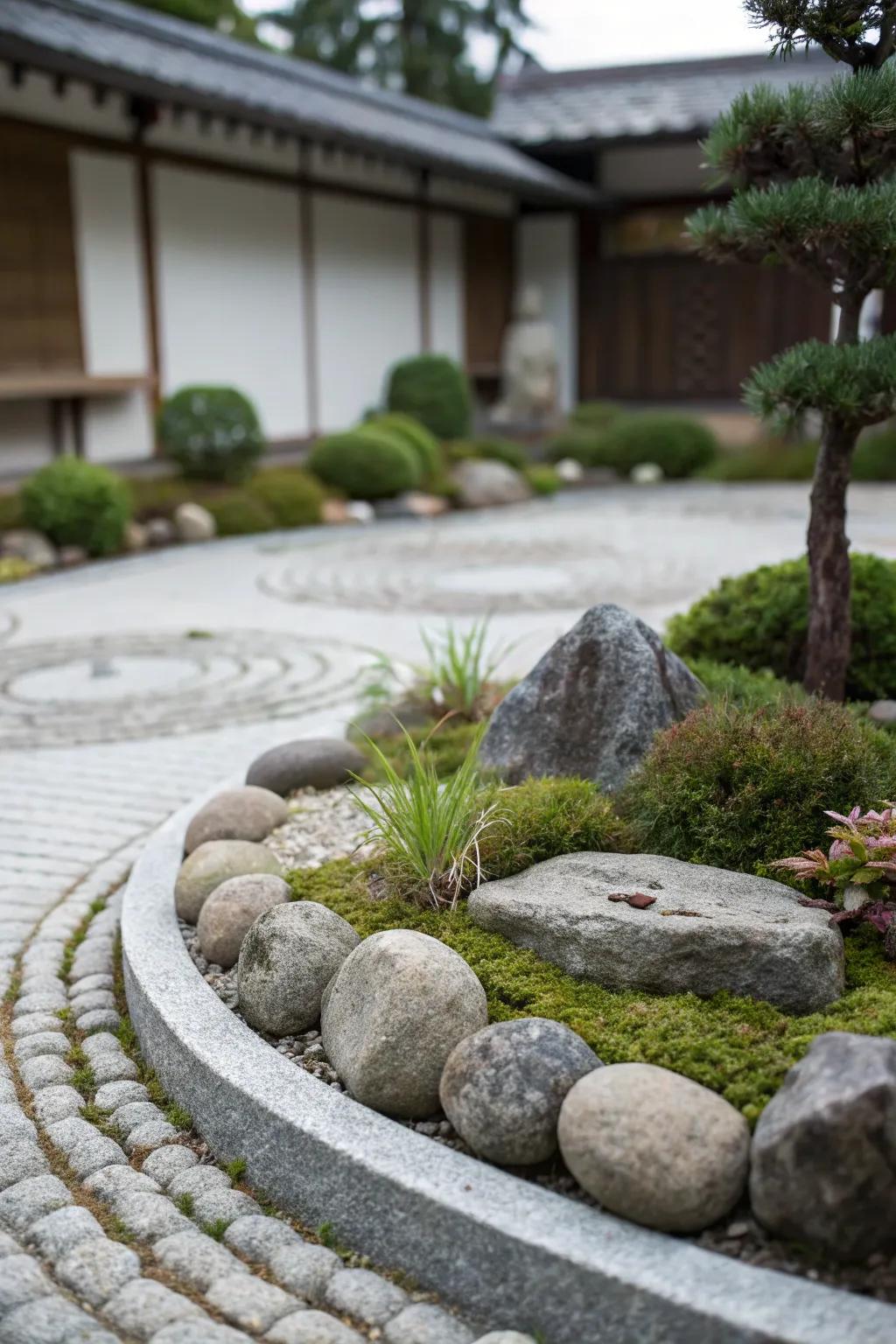 A Zen stone garden creates a serene and calming space.