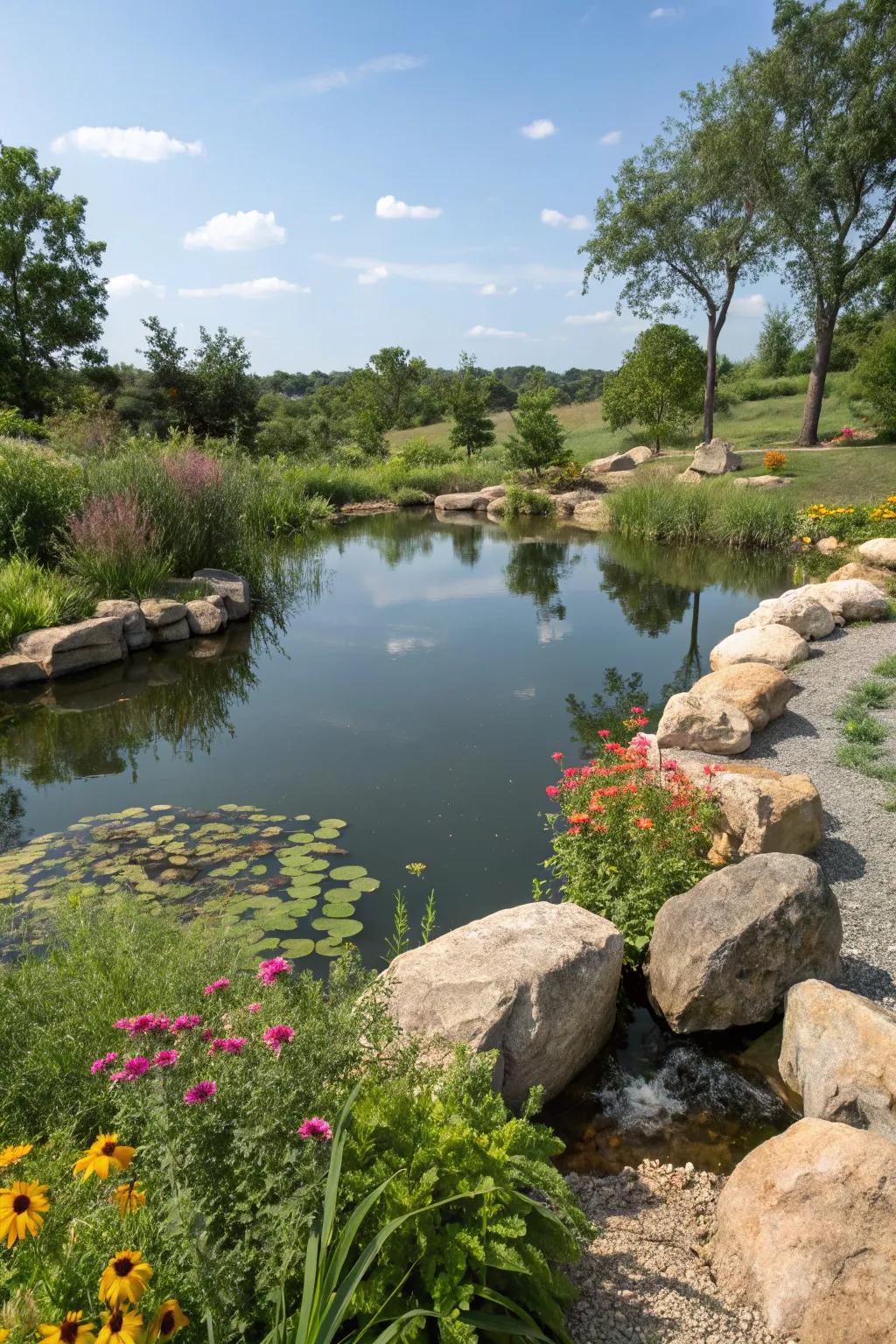Natural landscaping enhances the pond's beauty and integrates it into the backyard.