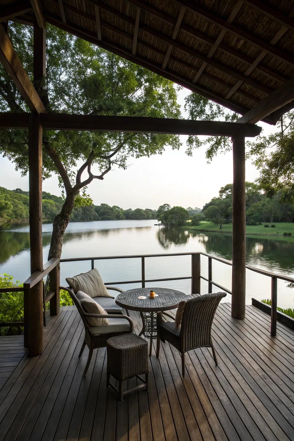 A wooden deck is the ideal spot for relaxation by the pond.