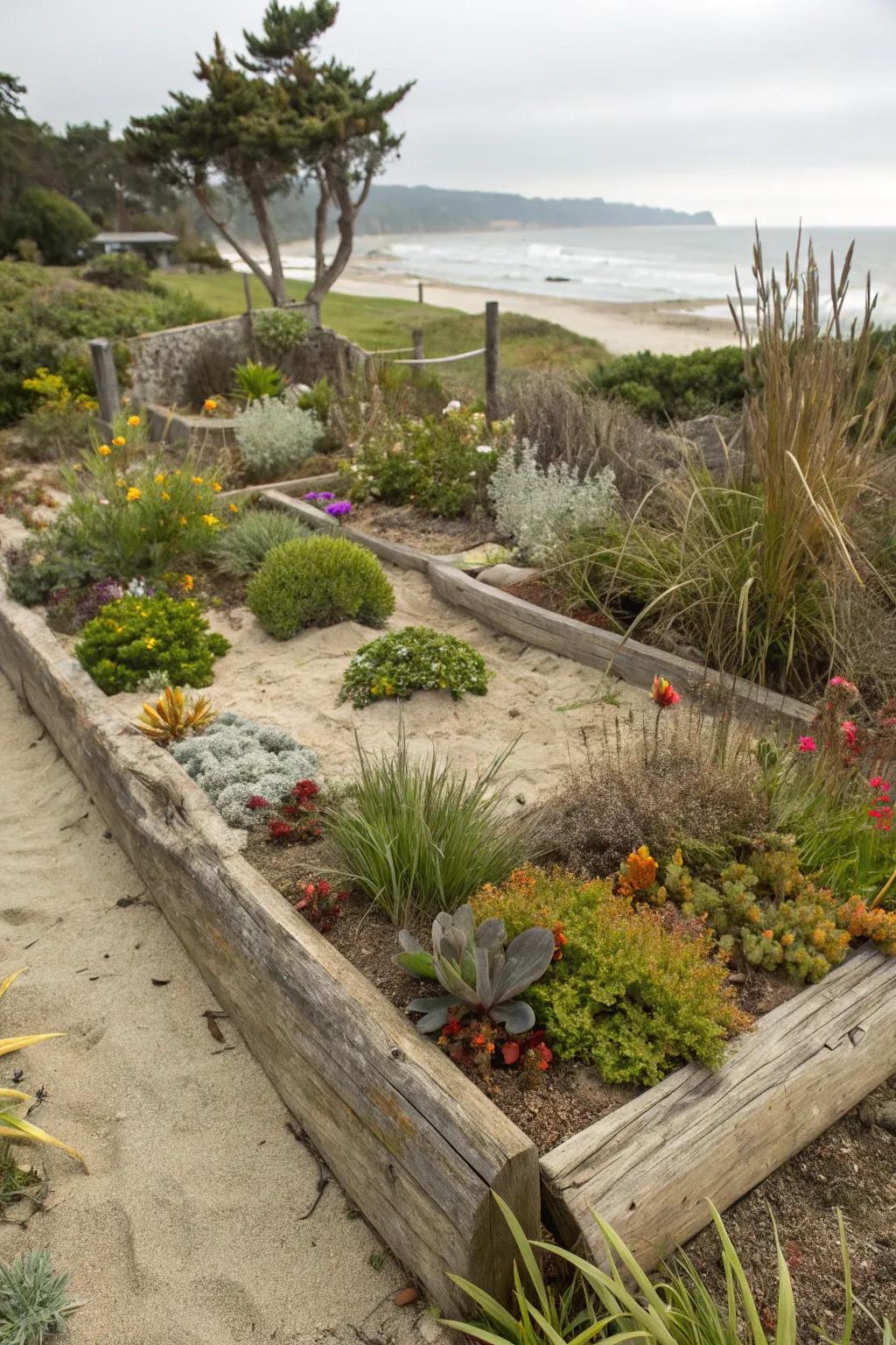 Driftwood accents in coastal garden.