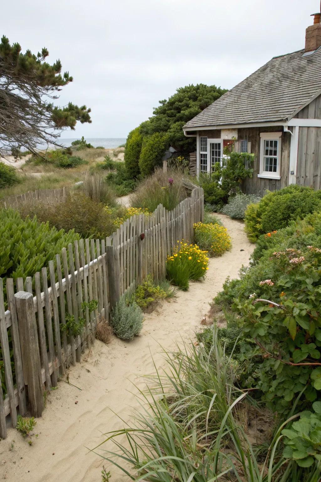 Wooden fencing enhancing coastal garden.