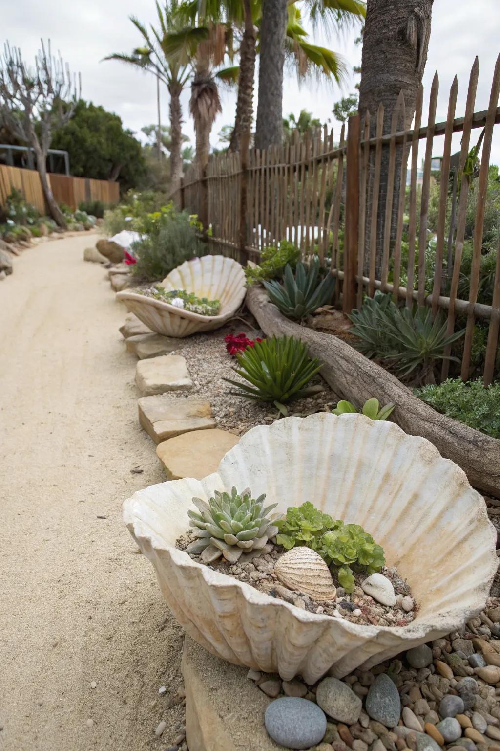 Seashell planters adding coastal charm.