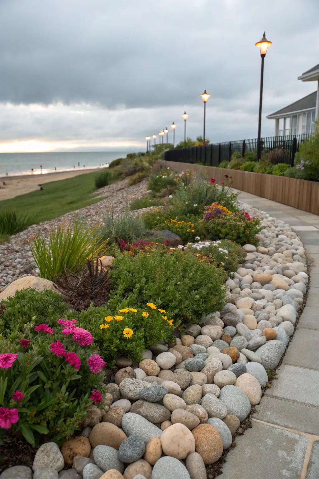 Beach pebble borders framing flower beds.