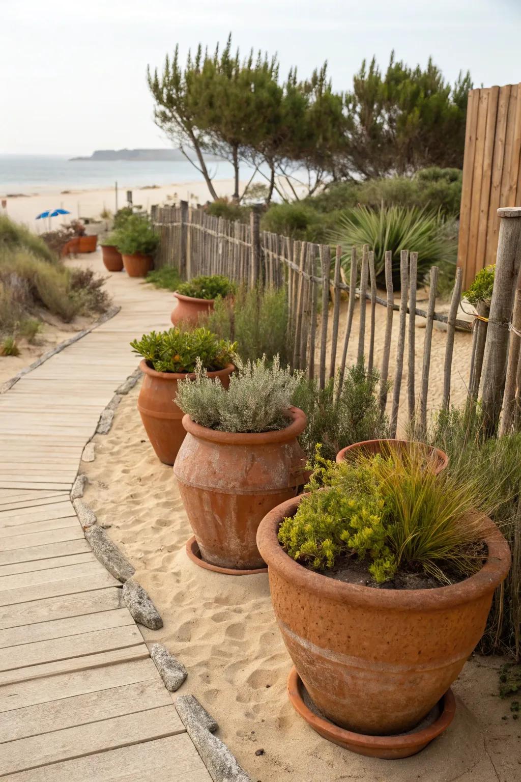 Terracotta pots adding Mediterranean coastal style.