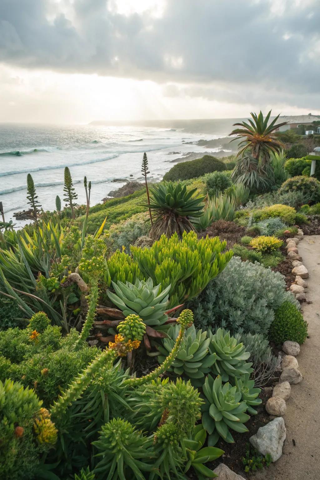 Salt-tolerant plants thriving in coastal environment.