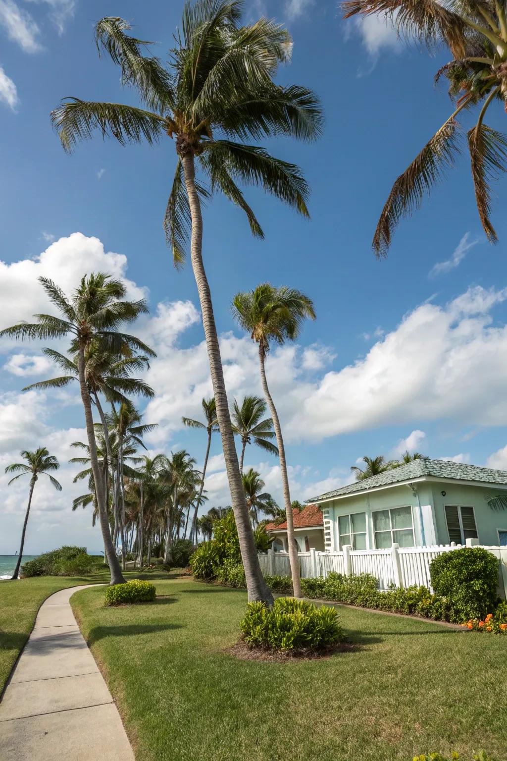 Tropical palm trees in coastal landscape.